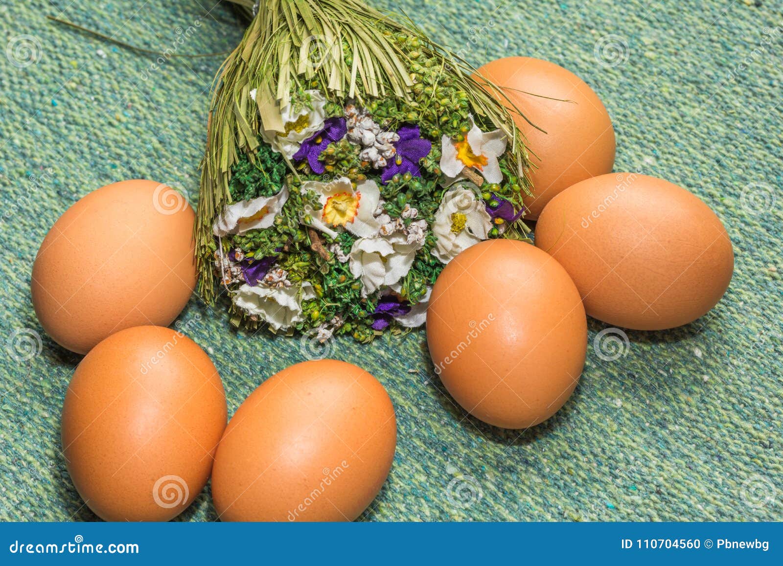 Six Eggs with a Bunch of Flowers Stock Photo Image of color, organic