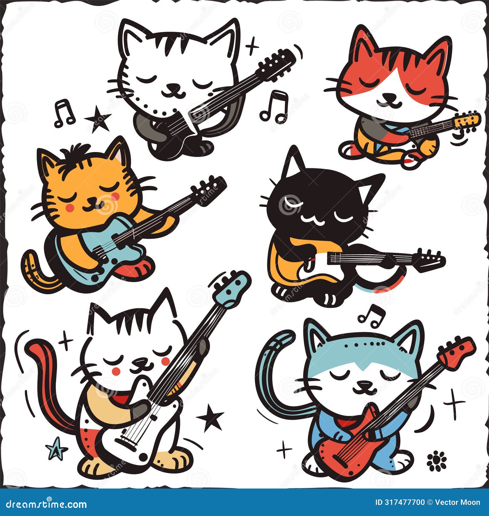 six cartoon cats playing guitars, musical notes surrounding them, cute feline band. cats strum