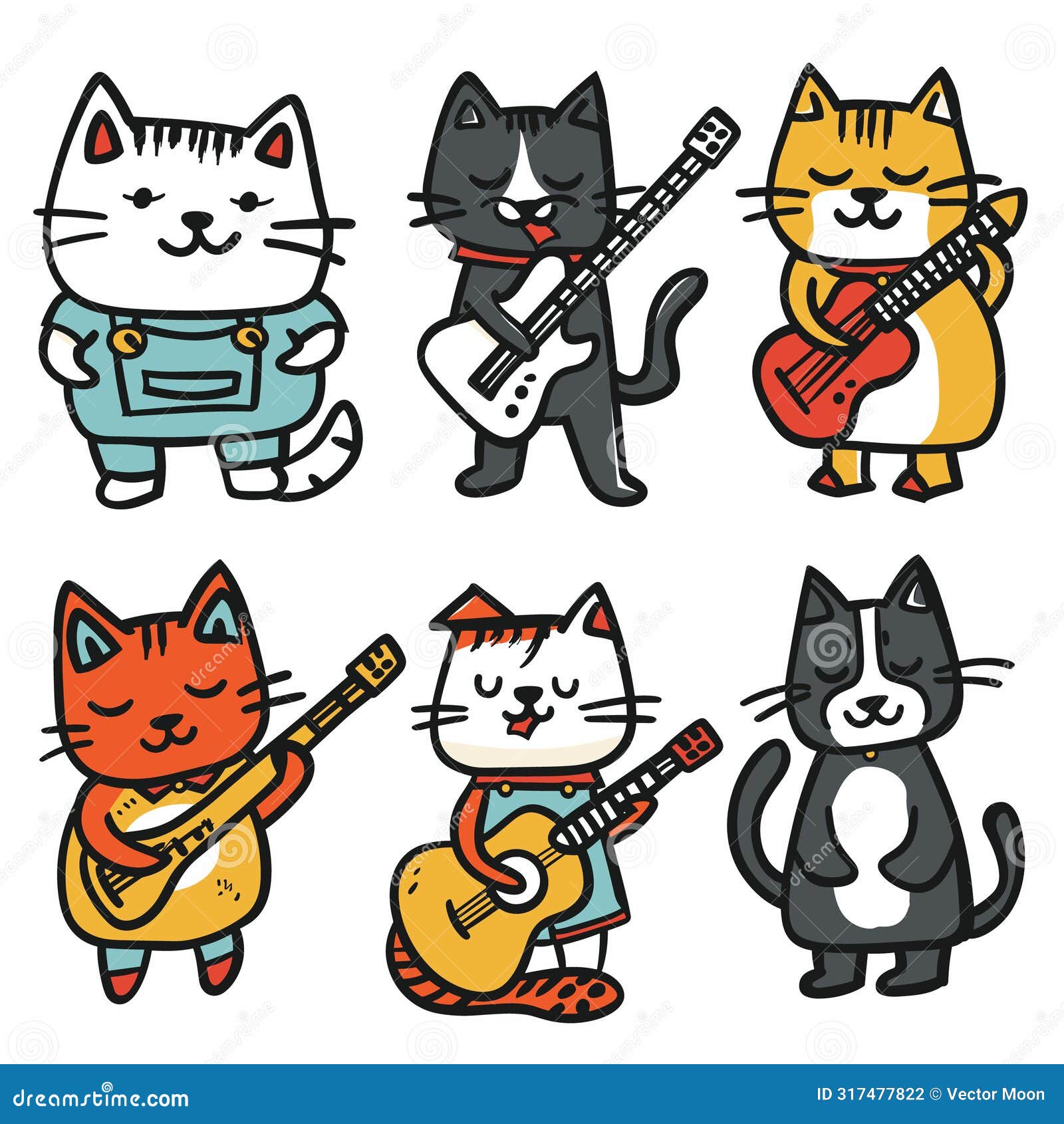 six cartoon cats playing guitars, unique colors expressions. cats wearing various outfits