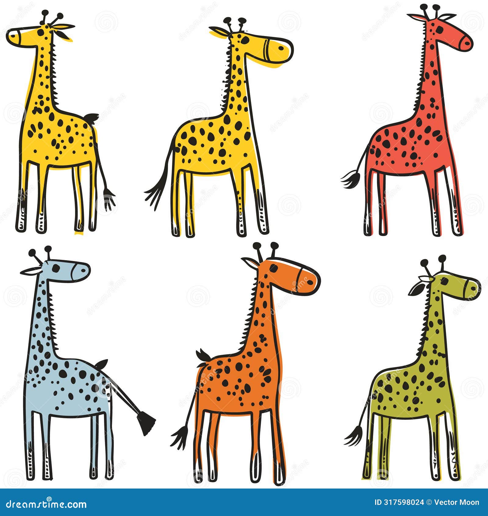 Six Colorful Cartoon Giraffes Standing, Various Patterns Colors, Cute