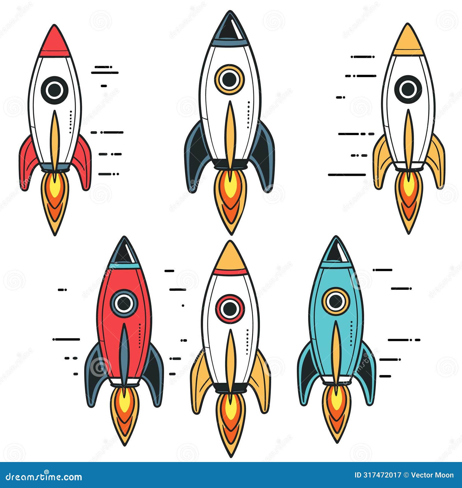 six colorful cartoon rockets ascending, different color schemes. simplistic , ideal