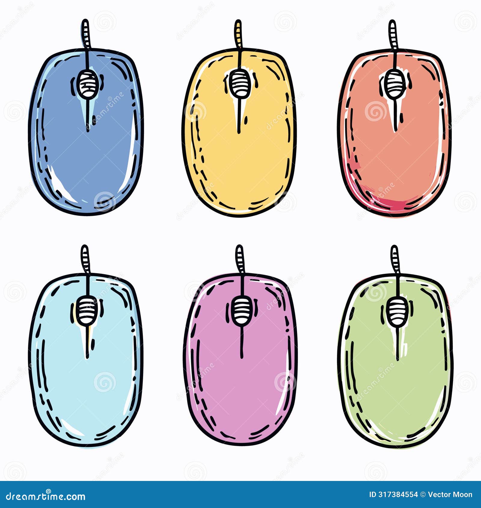 six colorful computer mice handdrawn, varying hues displayed against pure white. sketched