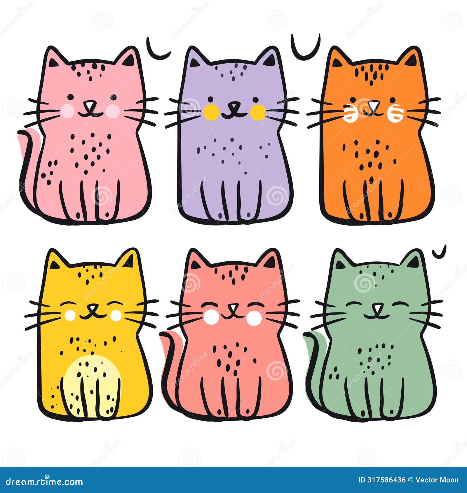six colorful cute cartoon cats various expressions. cats sitting simple outlines, whiskers