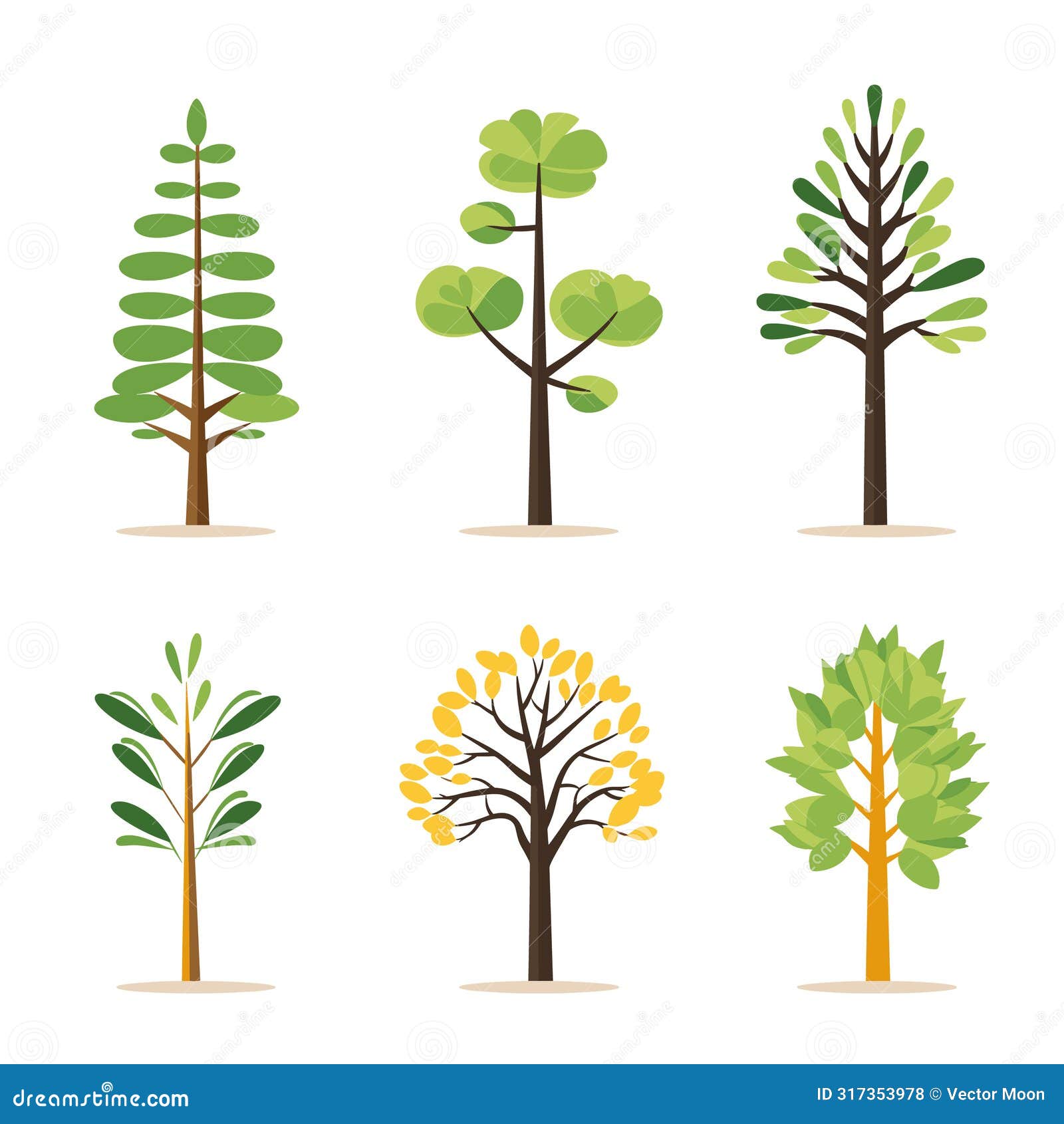 six different cartoon trees varying leaf s colors represent changing seasons. trees