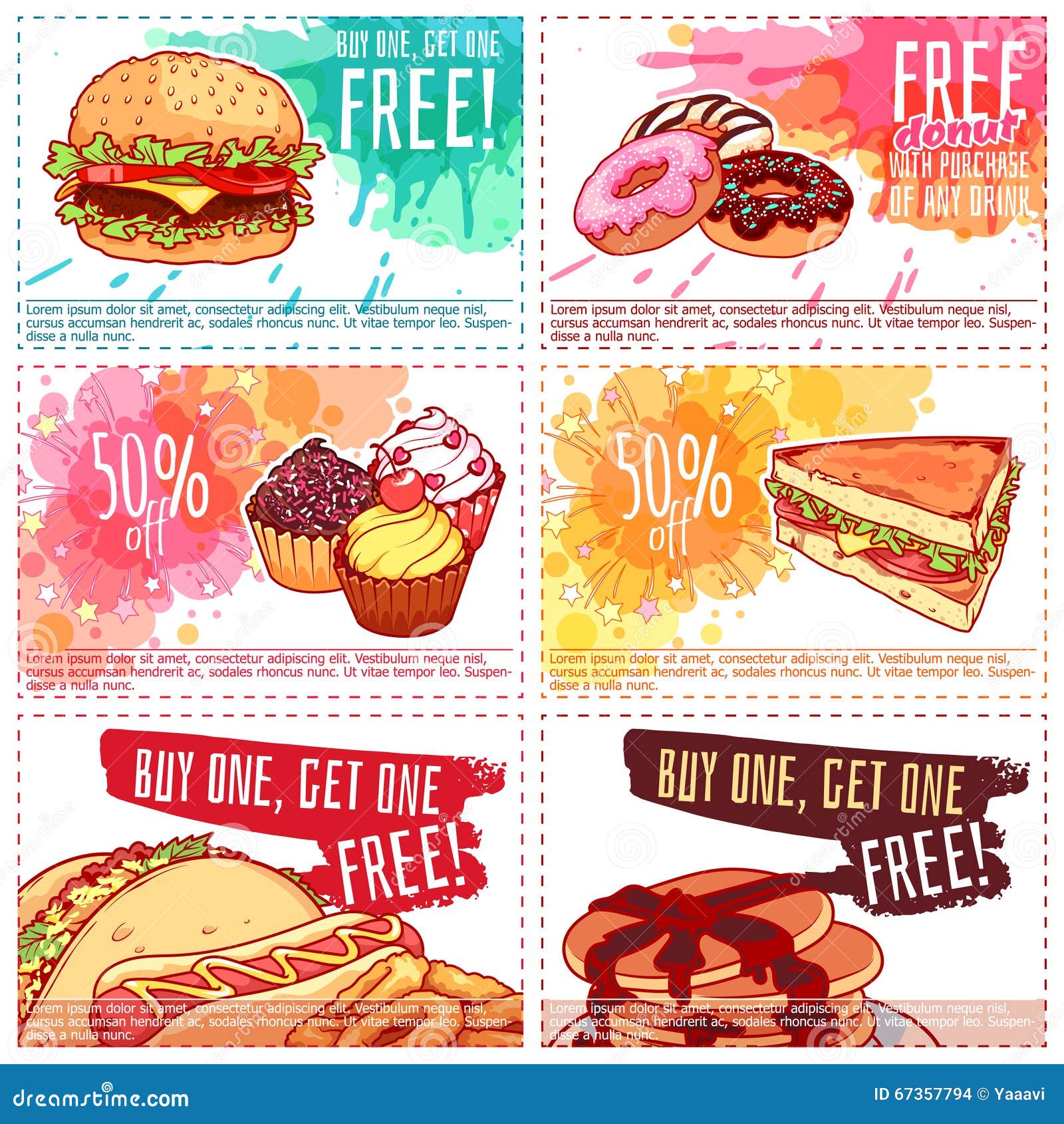 Six Different Discount Coupons for Fast-food or Dessert. Stock Vector