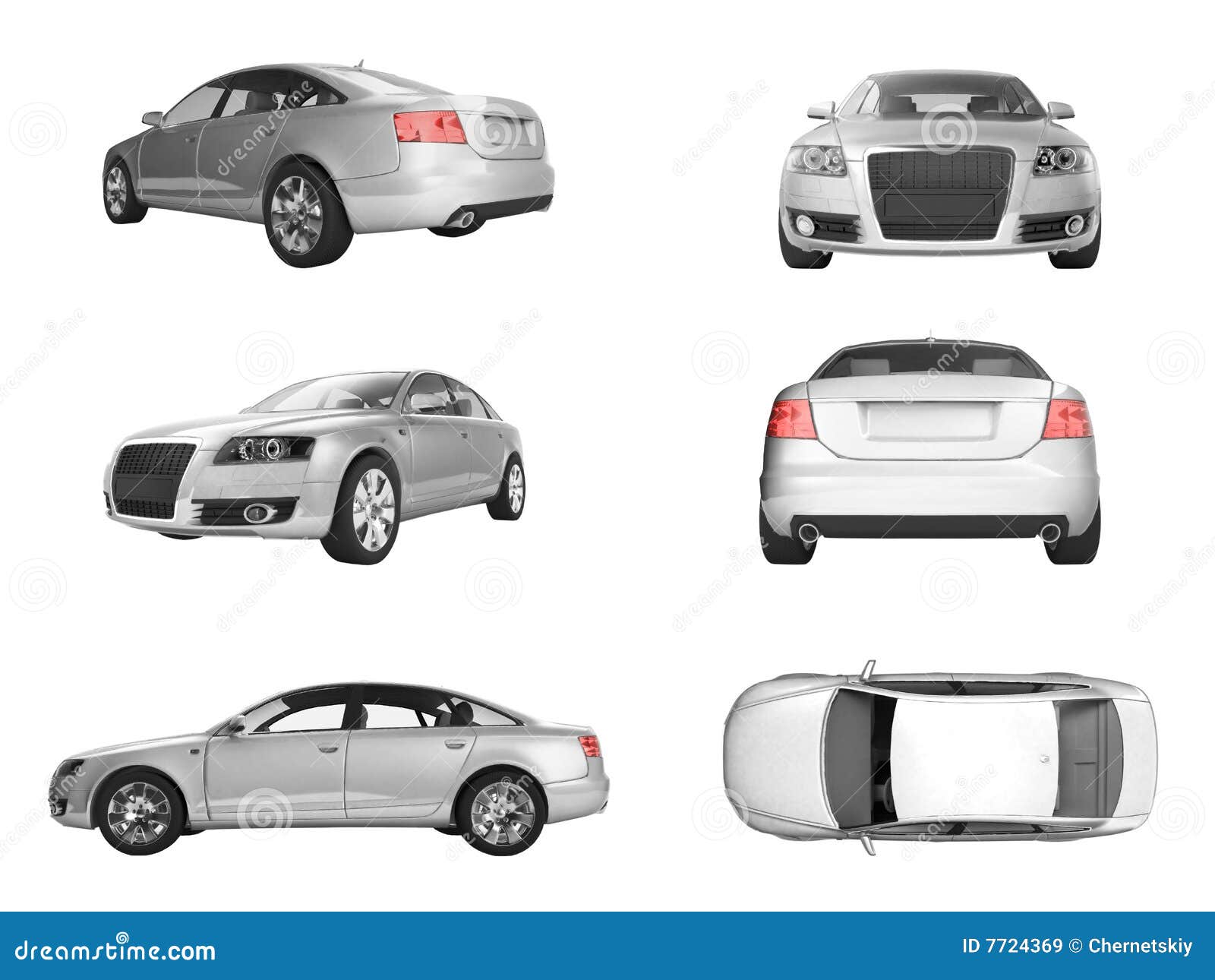 six different views of 3d image of silver car