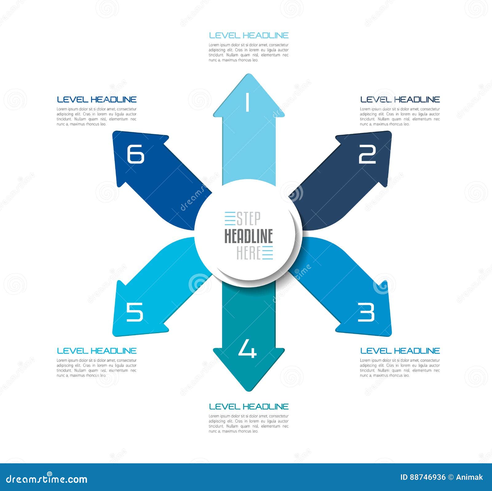 Six Directions Blue Arrows Design Diagram, Chart, Template, Infographic