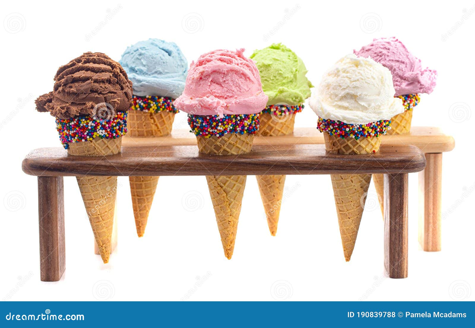 Six Flavors of Ice Cream Flavors in Sugar Cones with Sprinkles Stock Photo Image of sherbet