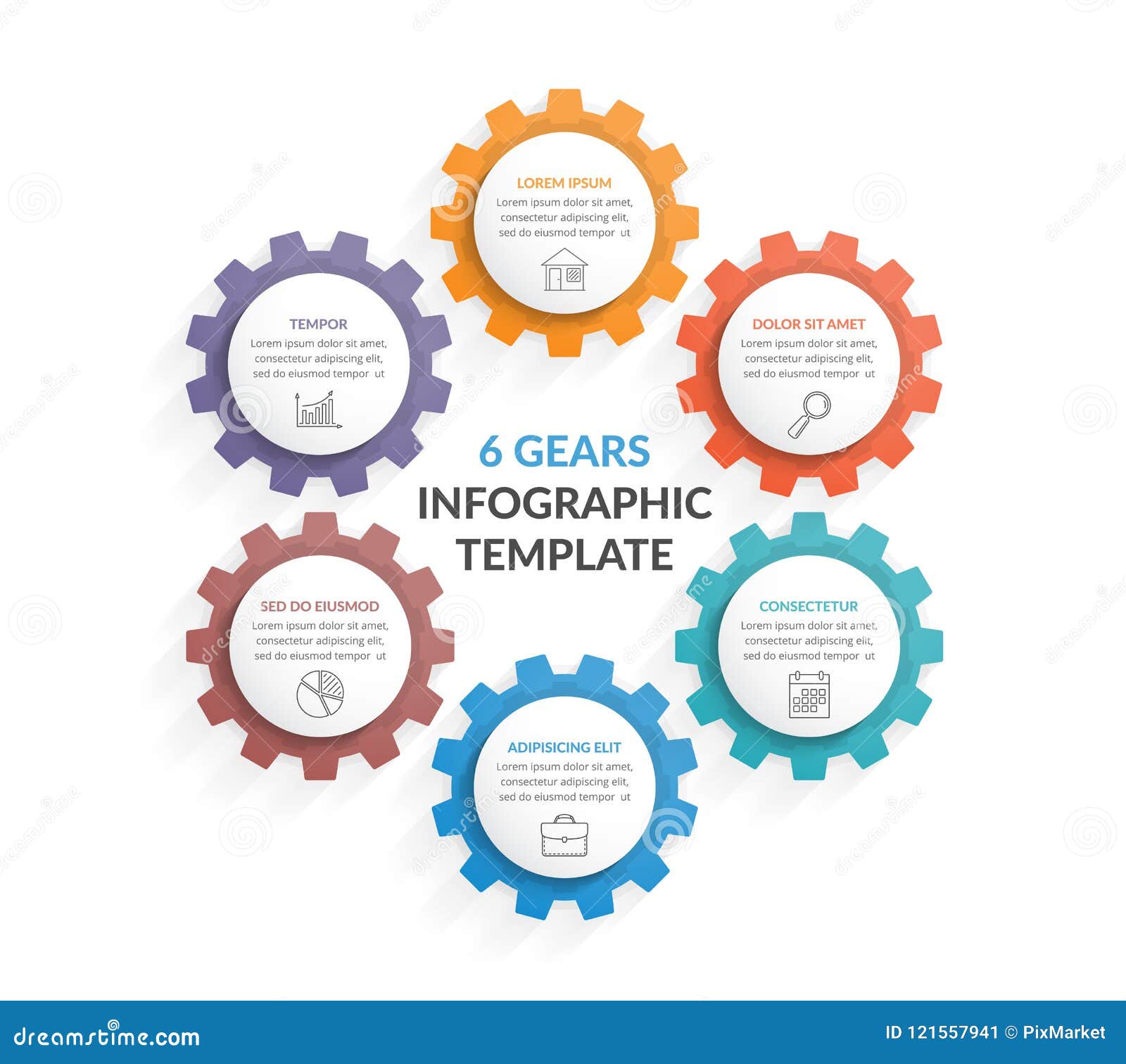 Six Gears stock vector. Illustration of plan, flow, infographics