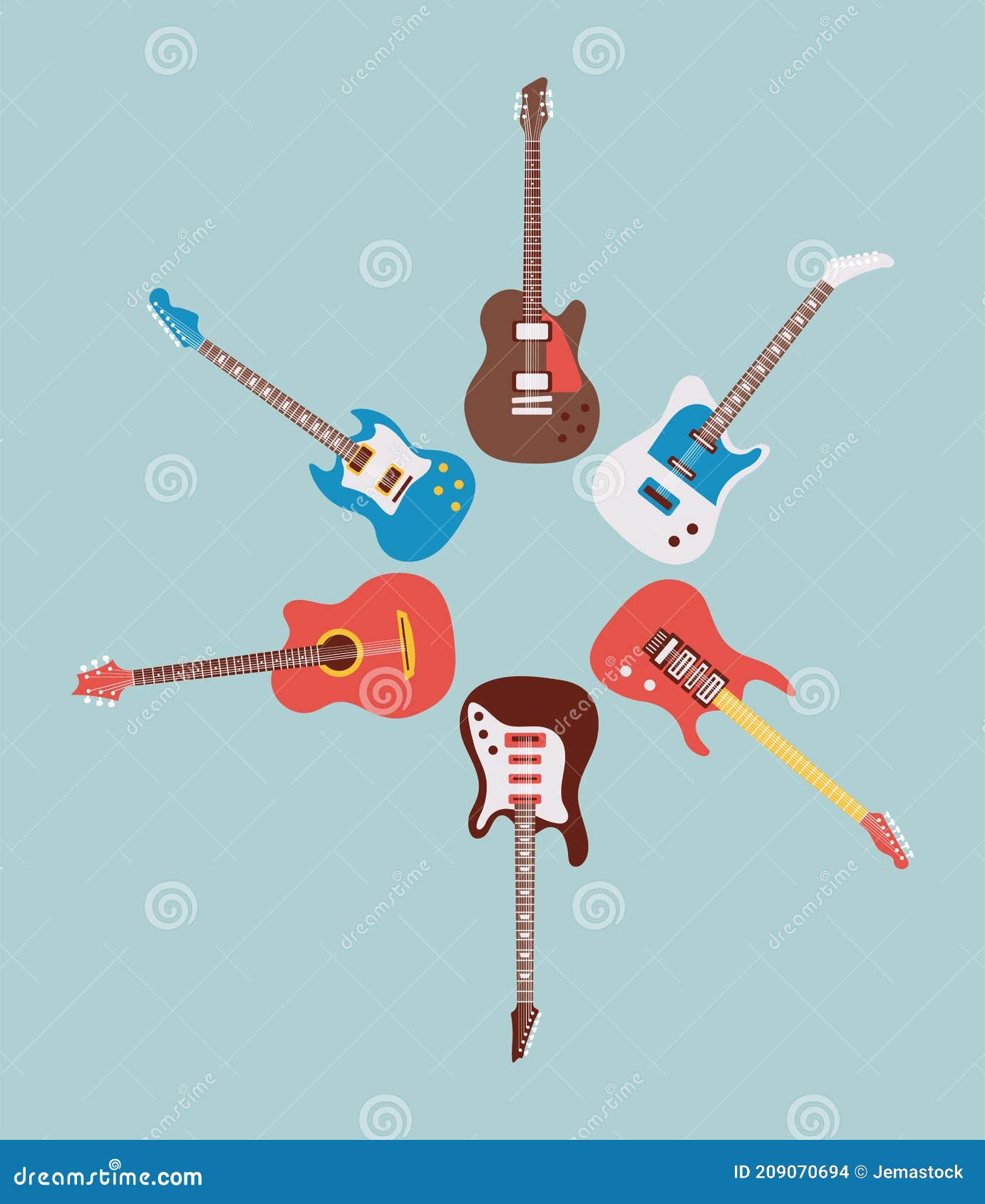 six guitars instruments musicals set icons around