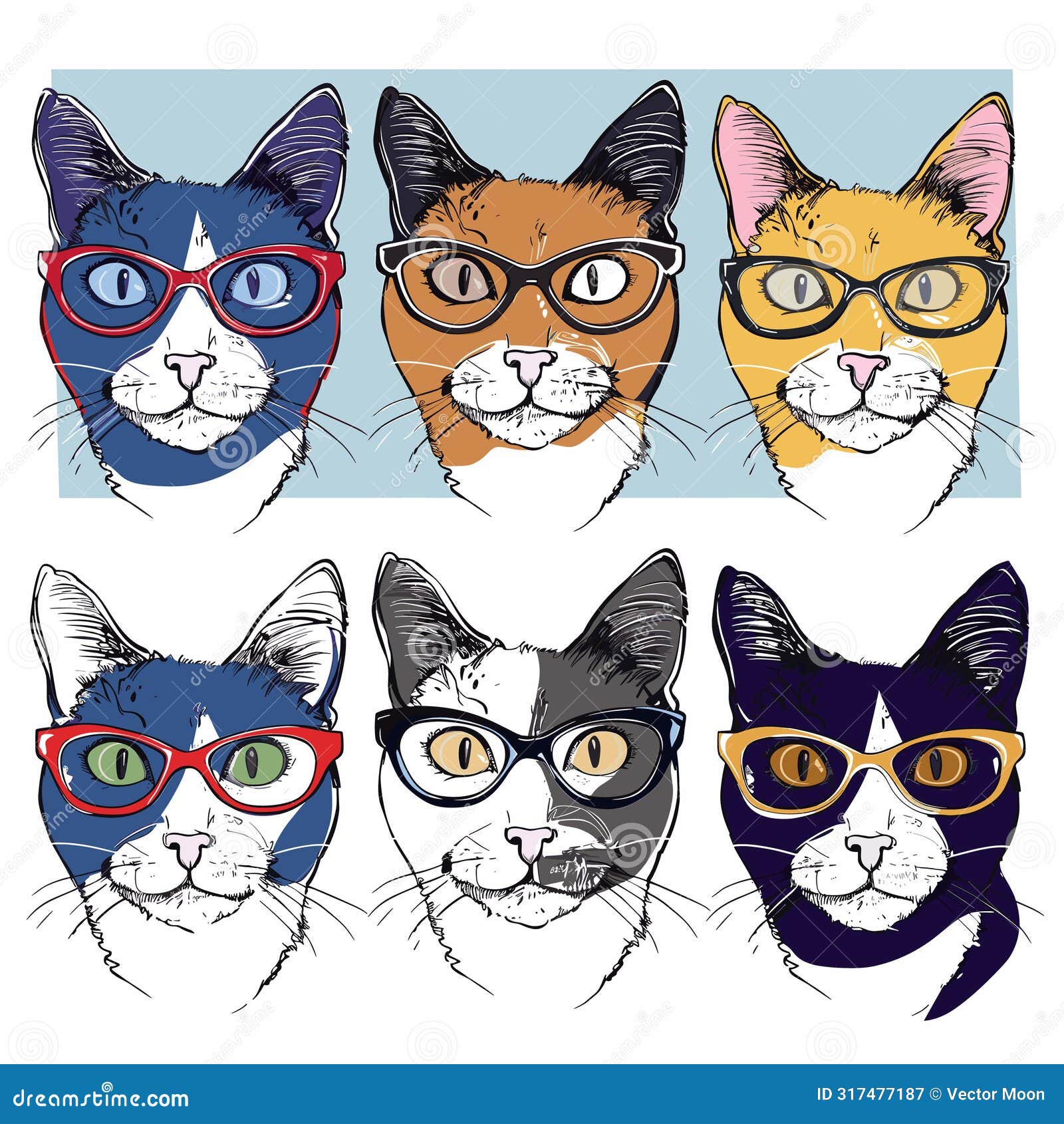 six hipster cats wearing stylish glasses, colorful feline faces . hip, trendy cats