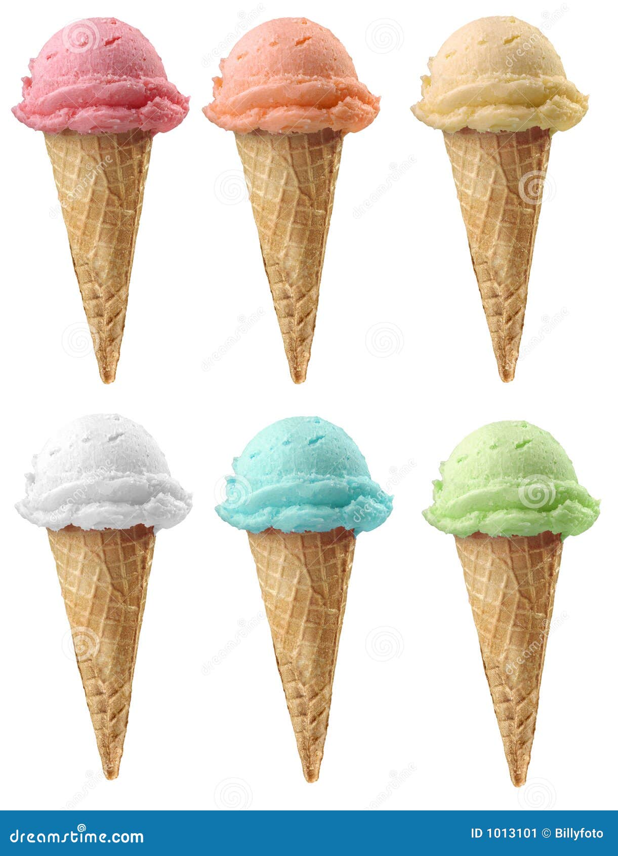 six ice cream cones of 6 different flavors