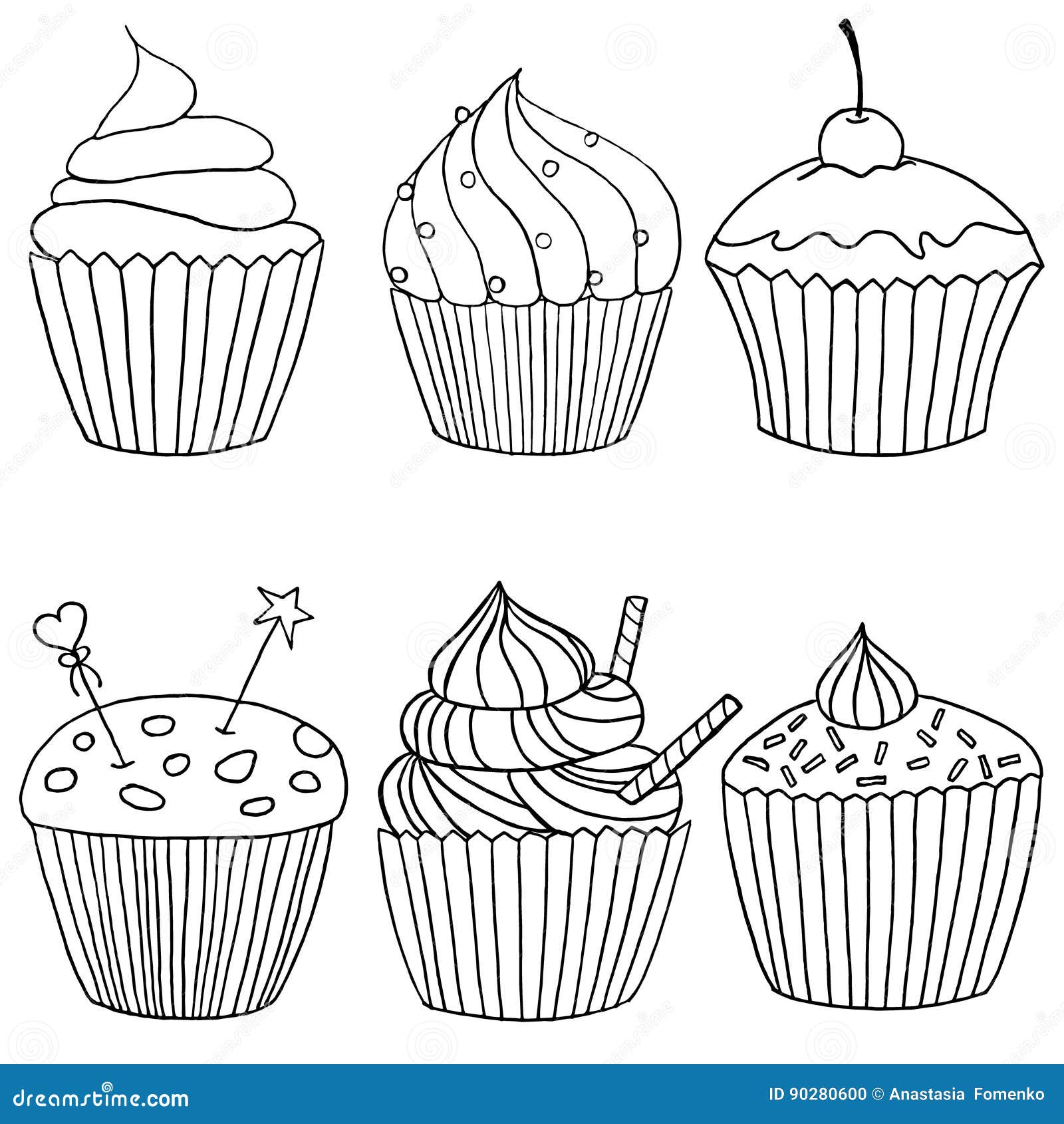 six images of cupcakes in black and white drawnhand stock illustration  illustration of