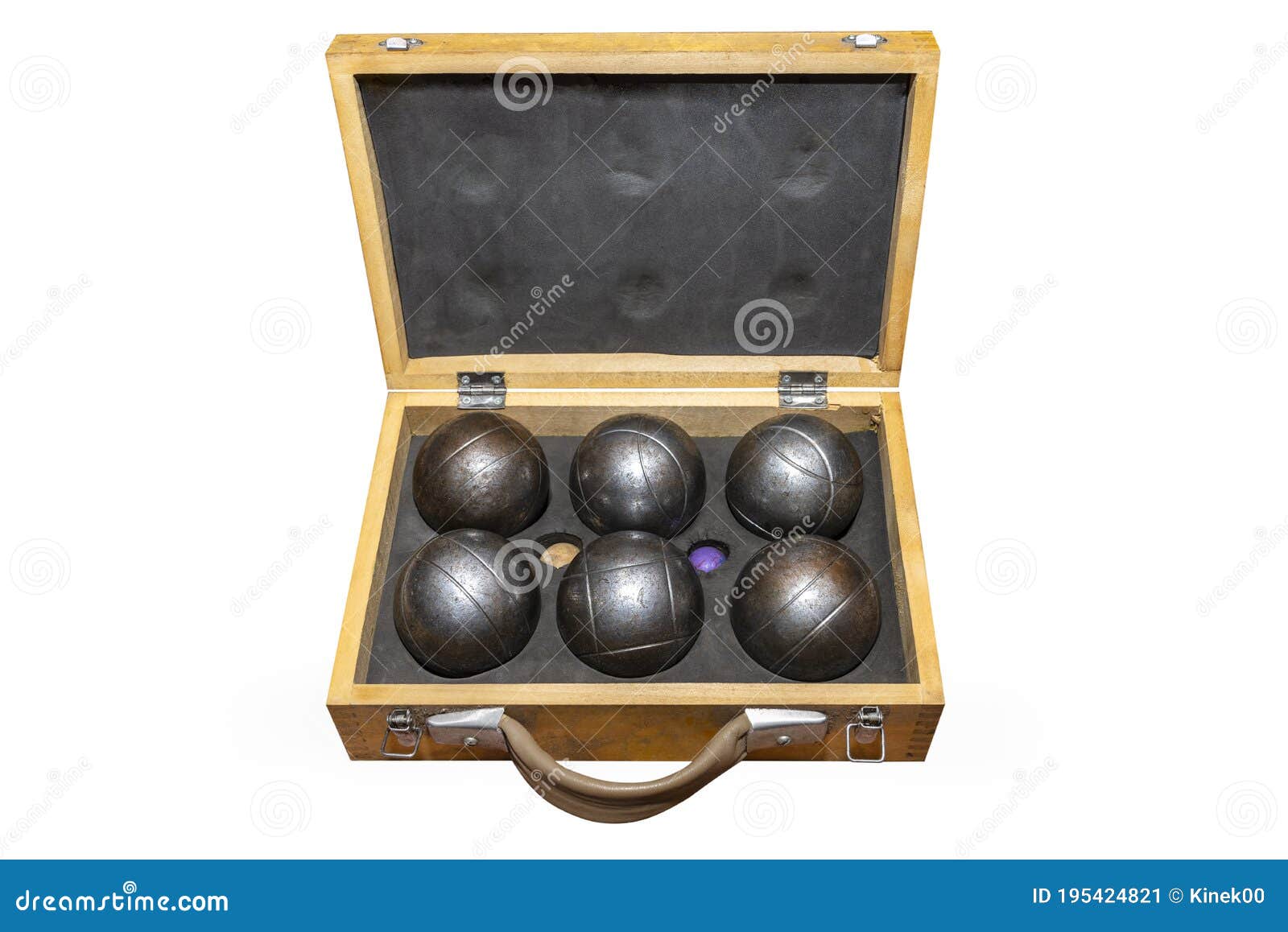 six metal balls placed in a old wooden box, used in game petanka,  on a white background with a clipping path.