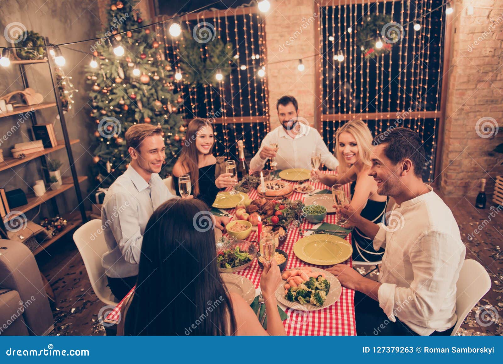 Six People Having Evening Dinner, Elegant Classy Charming Beauti Stock