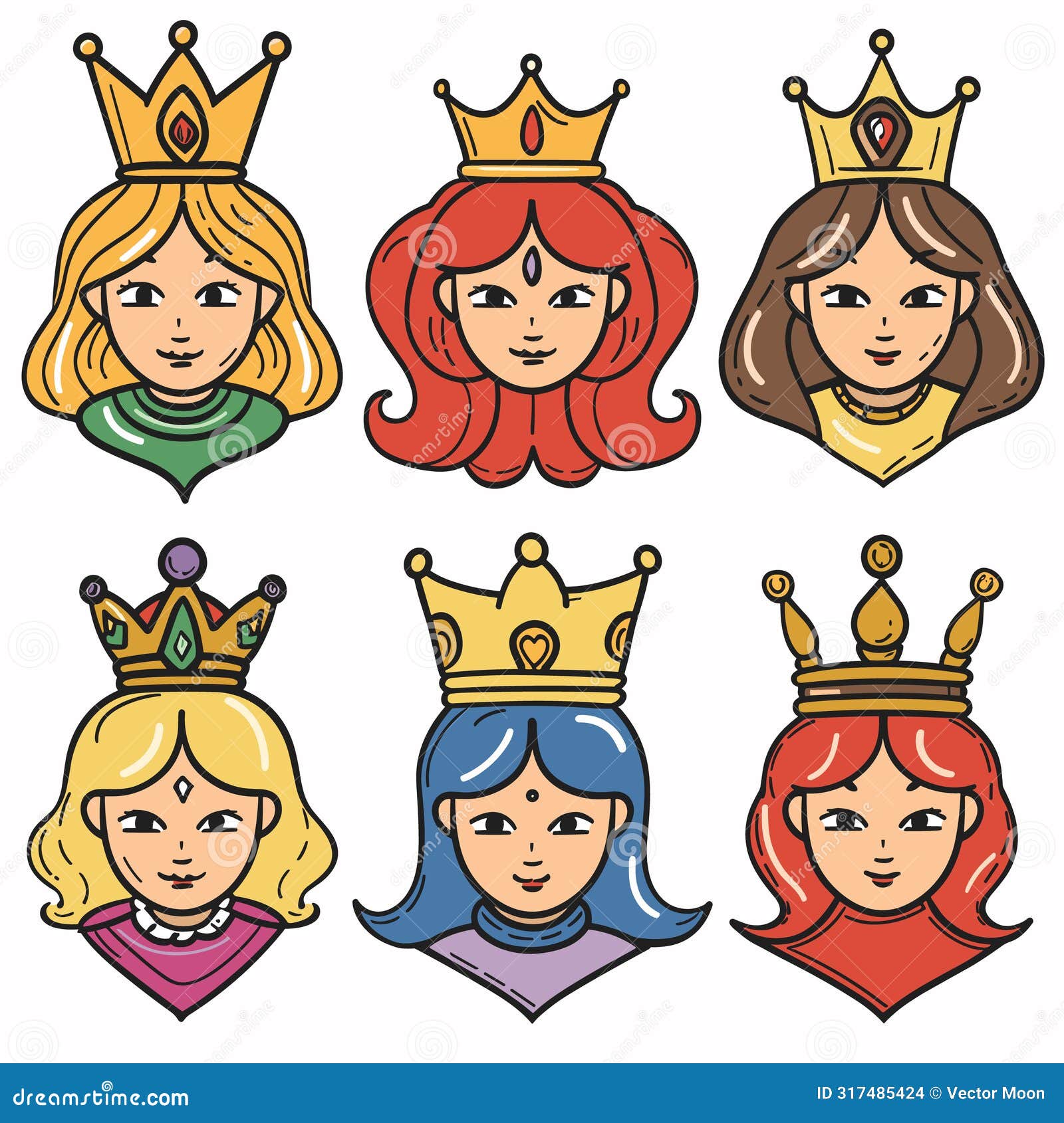 six princesses cartoon characters wearing crowns, diverse hairstyles outfits. cheerful young
