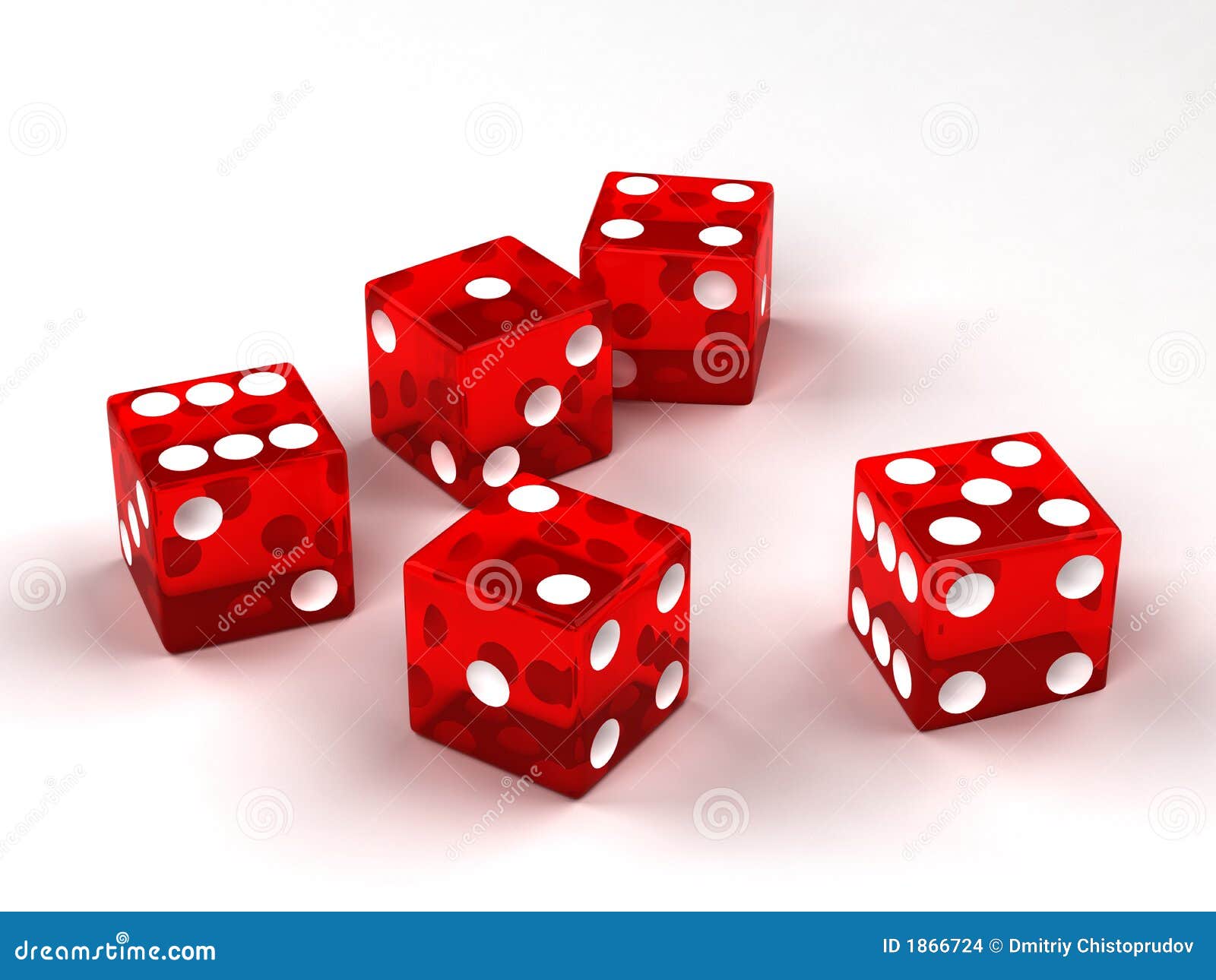 Six red glass dices rendered on the white background