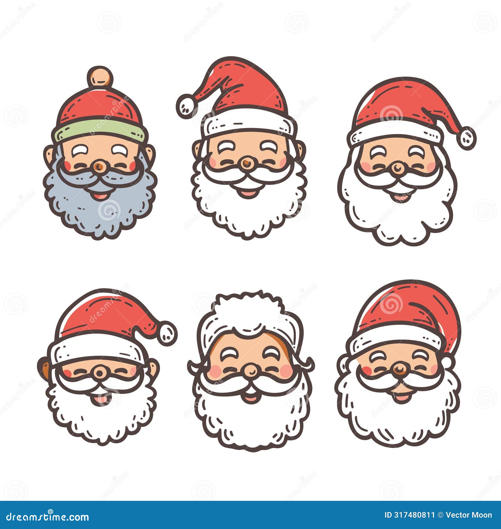 six santa claus faces expressing different jovial emotions, all wear festive hats, glasses