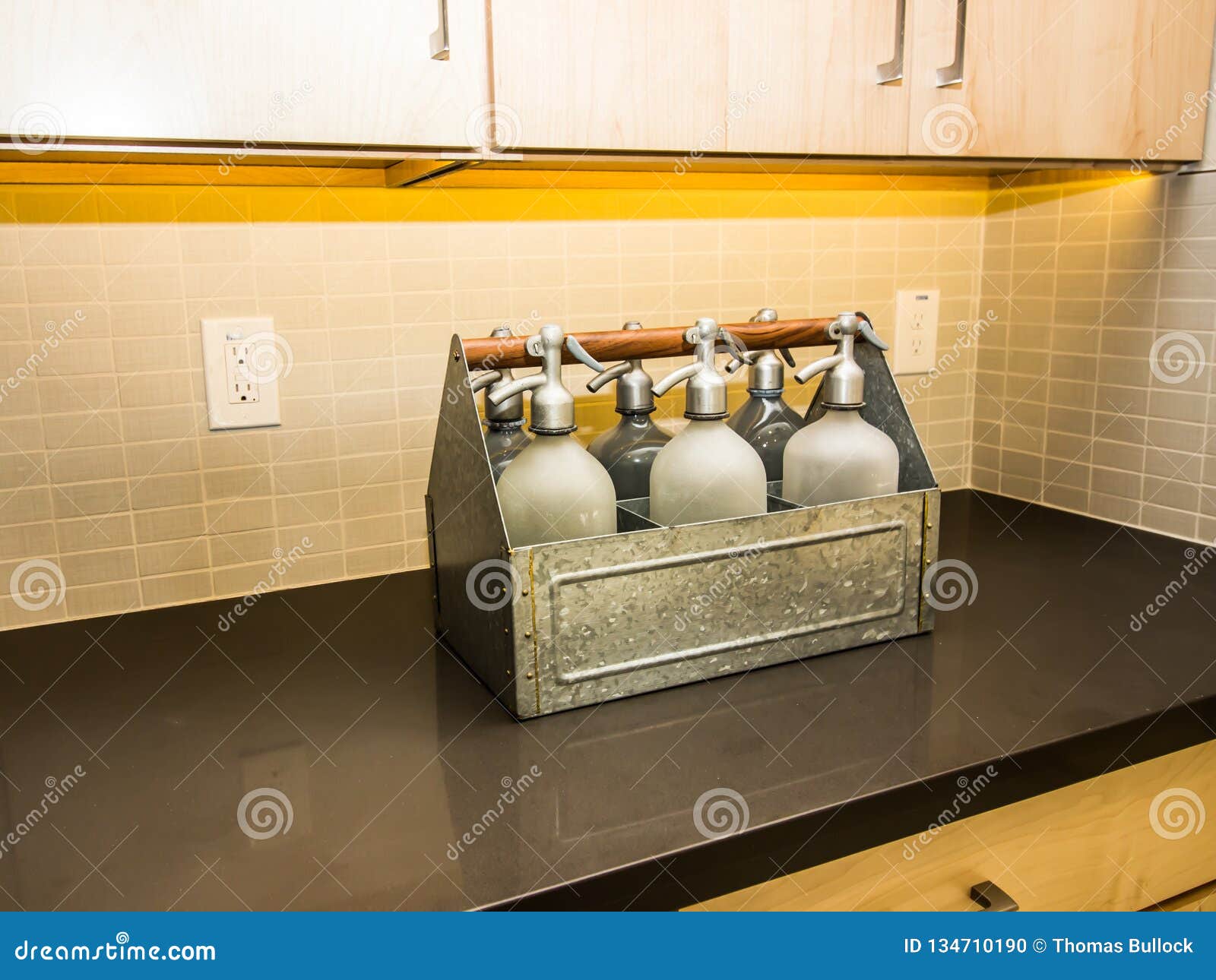 Modern Kitchen Counter Top with Seltzer Bottle Decor Stock Photo
