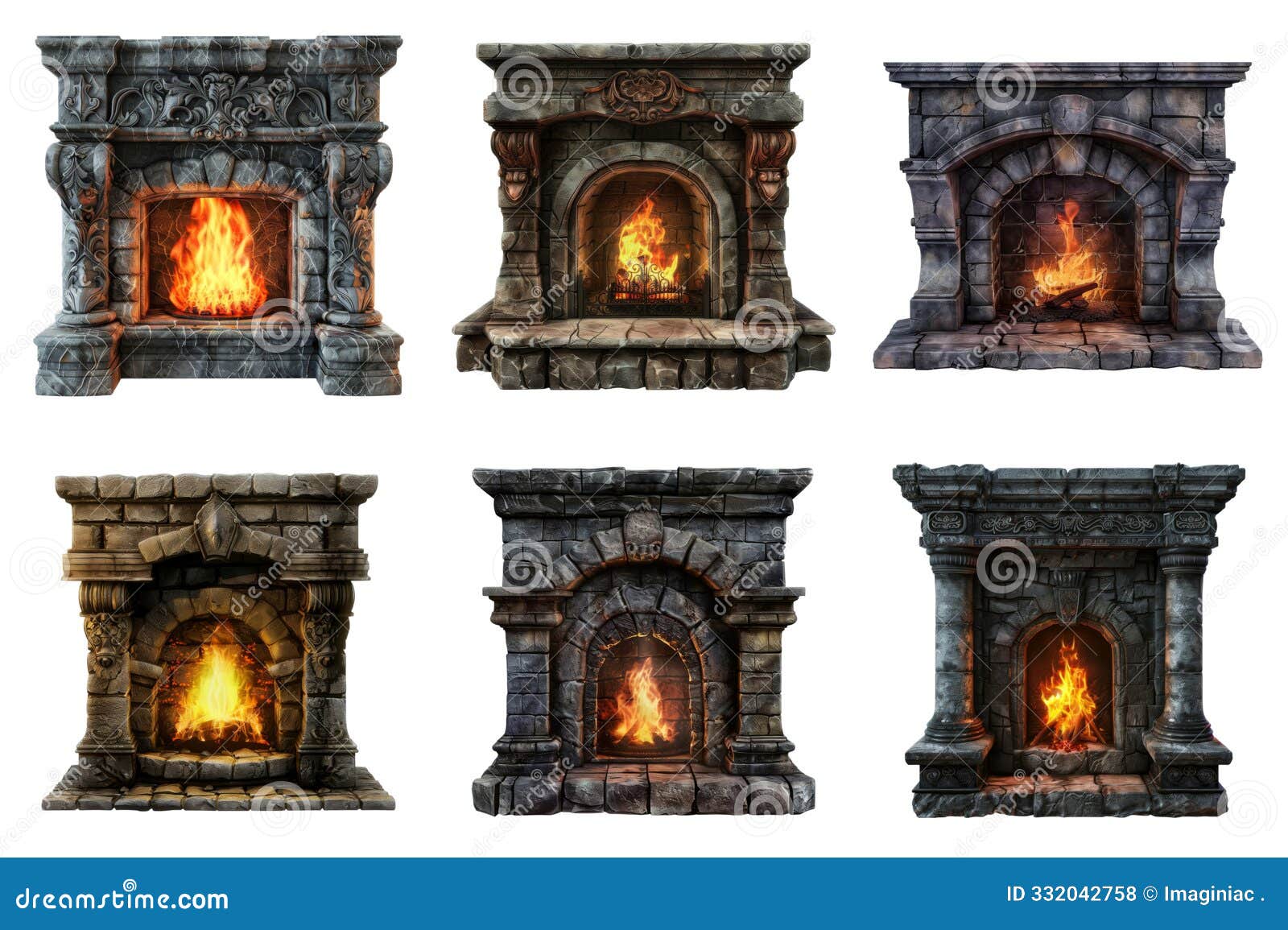 six stone fireplaces with burning flames