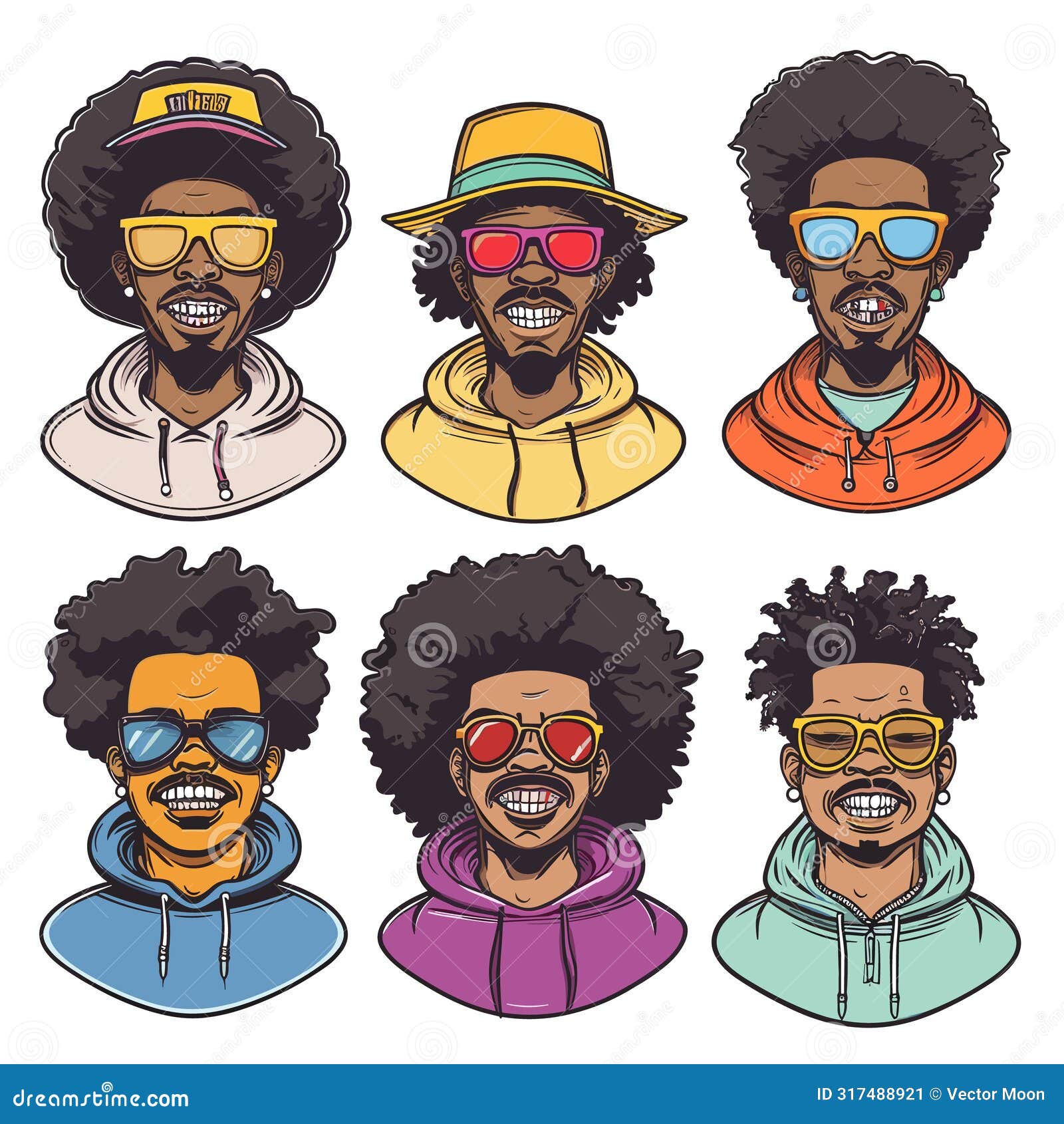 six stylized portraits black men afros wearing various sunglasses colorful clothing, man exhibits
