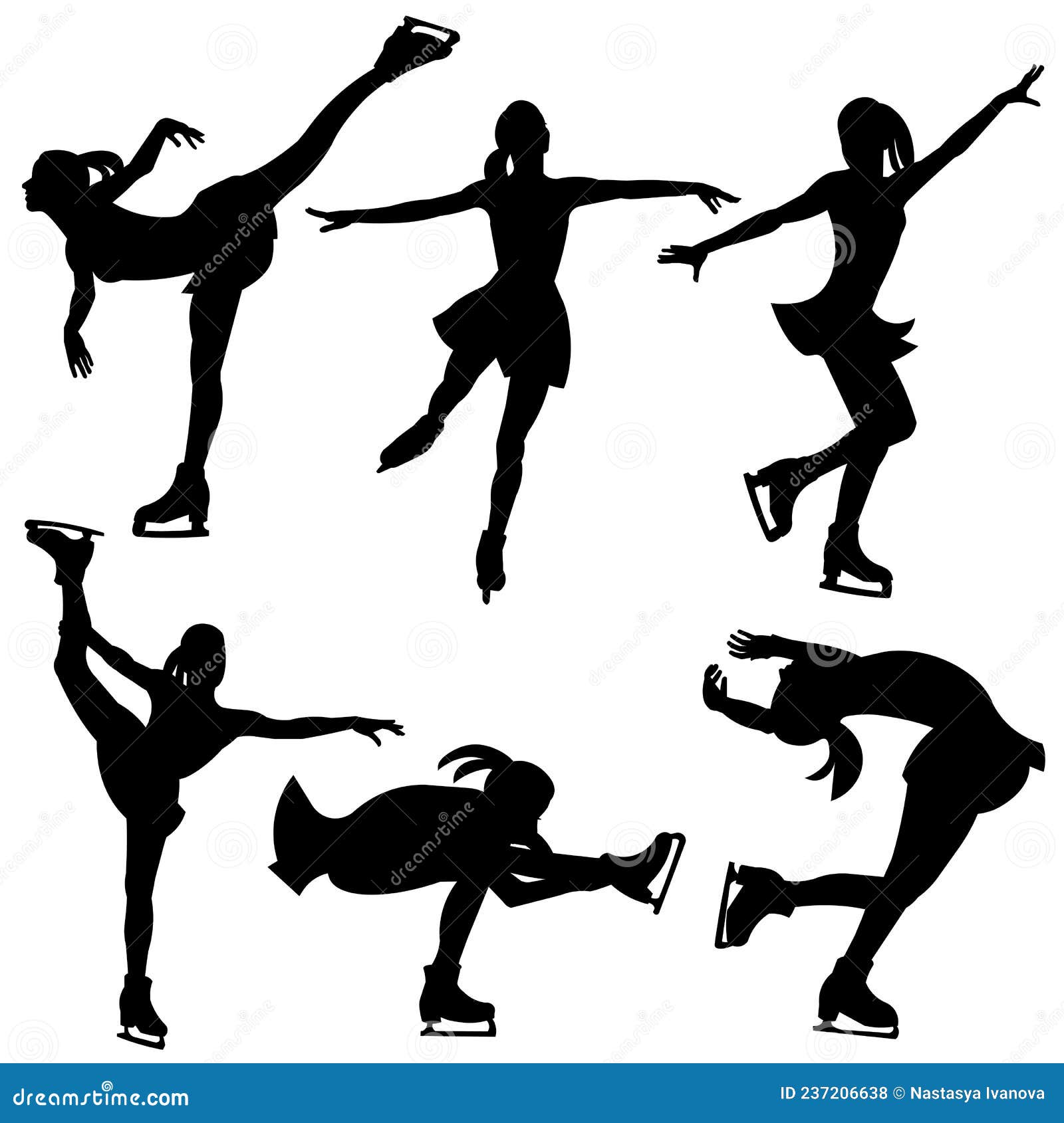   silhouettes of a figure skater girl on a skating rink in a dress for competitions in various poses