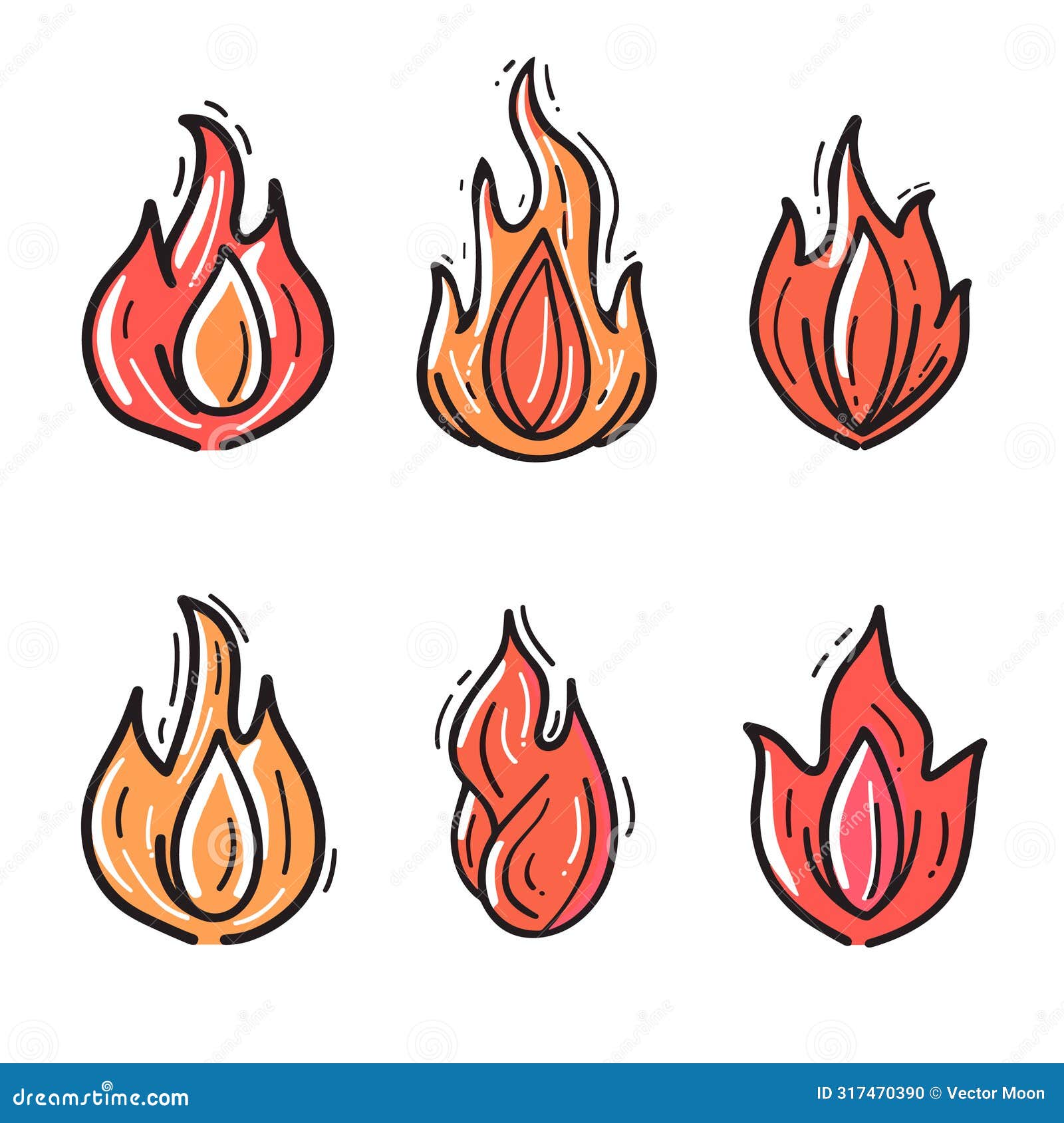 six vibrant fire flame icons presented handdrawn style. cartoon fire flames detailed orange red