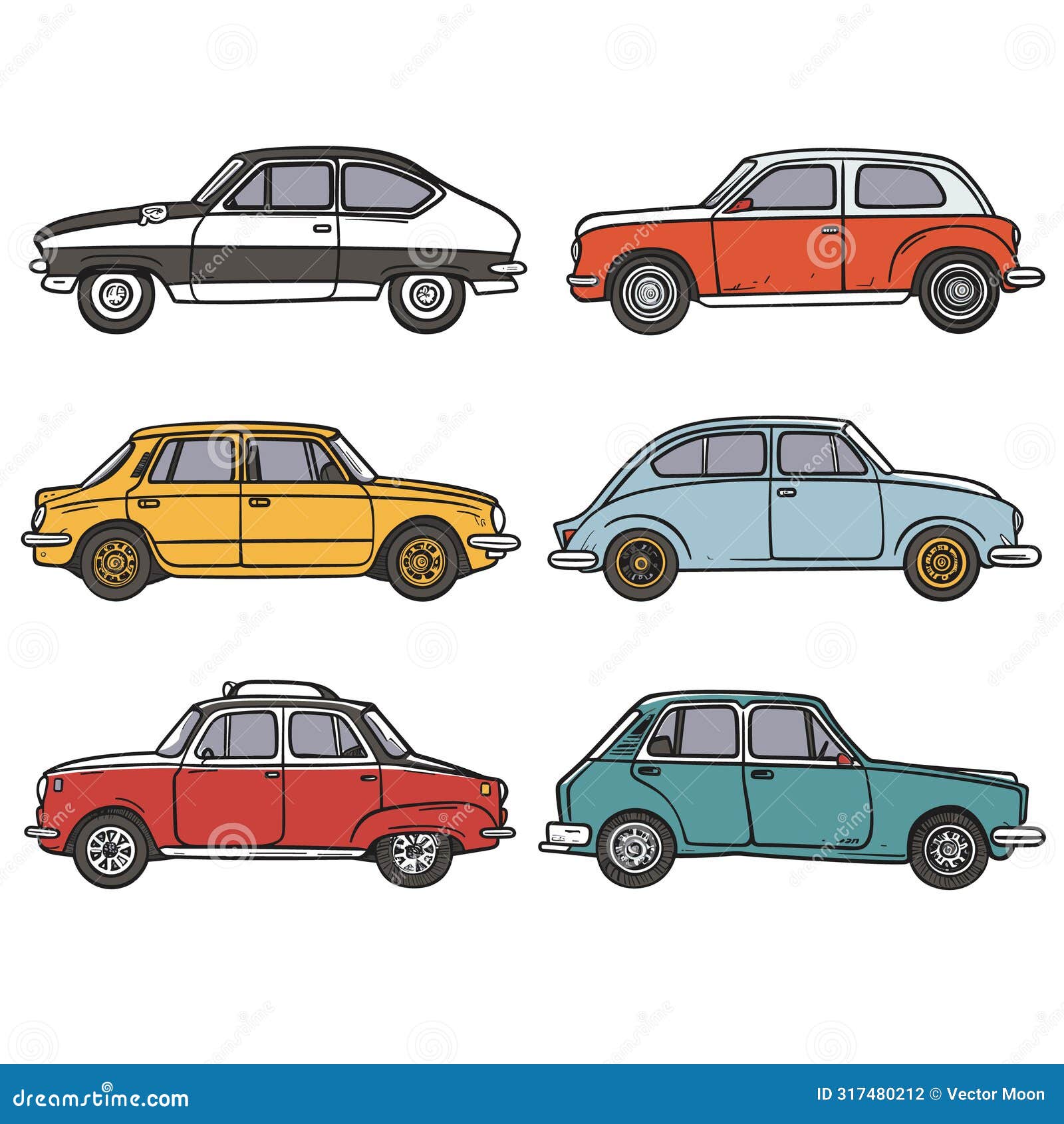 six vintage cars colorful   white background. classic automobiles side
