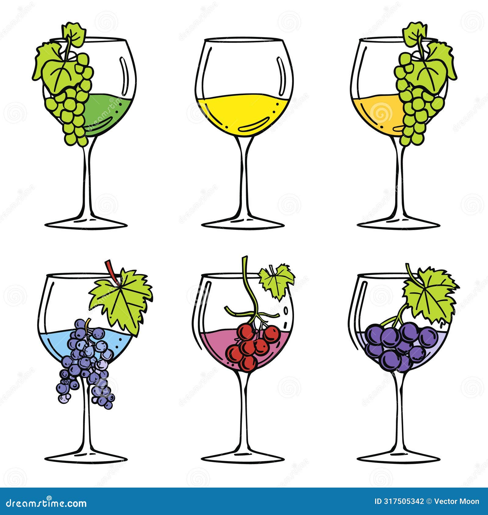 six wine glasses filled different colors liquids, adorned bunch grapes rim. cartoon style 
