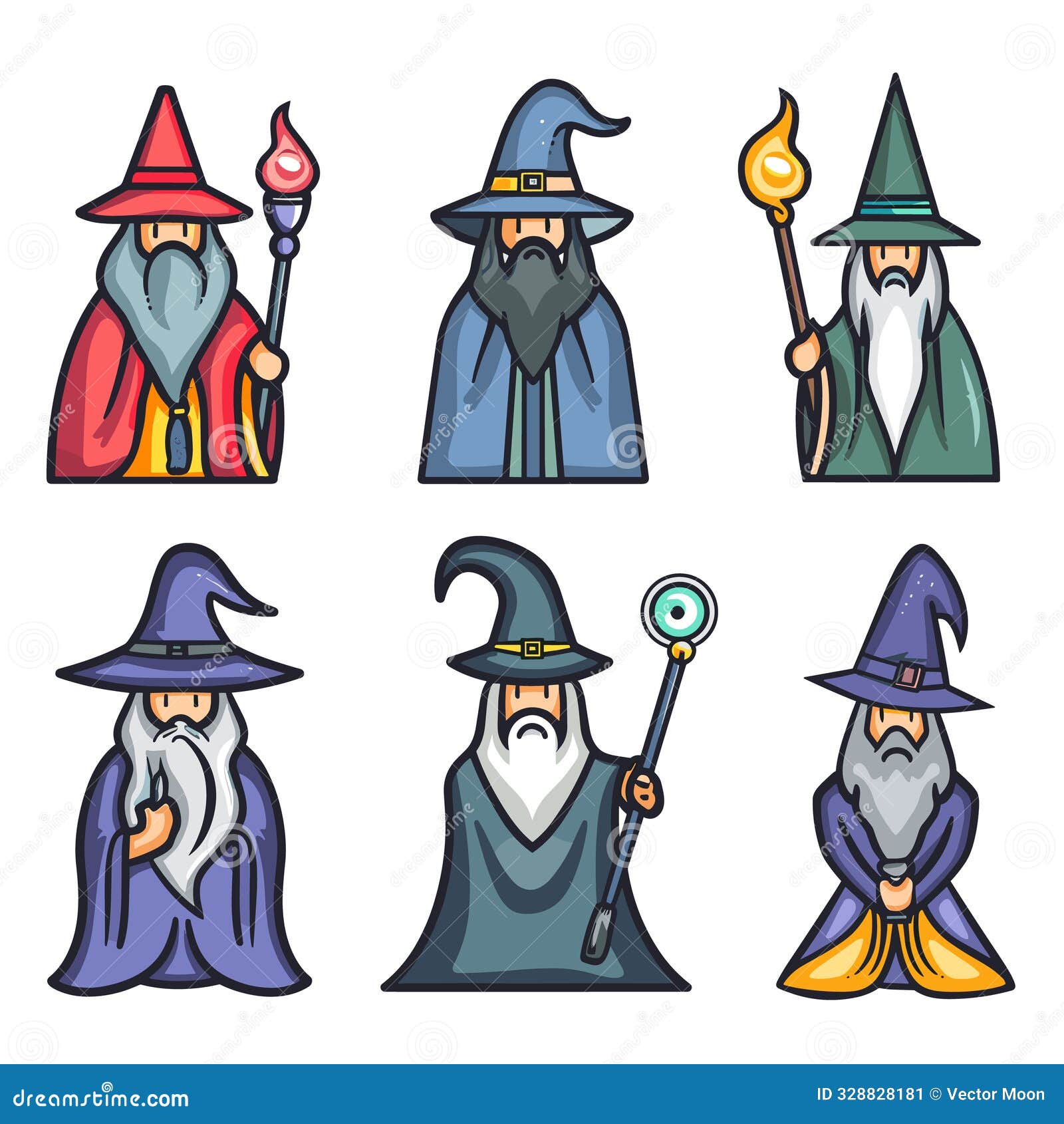 six wizards wearing colorful robes pointy hats holding magical staves. cartoon wizards long