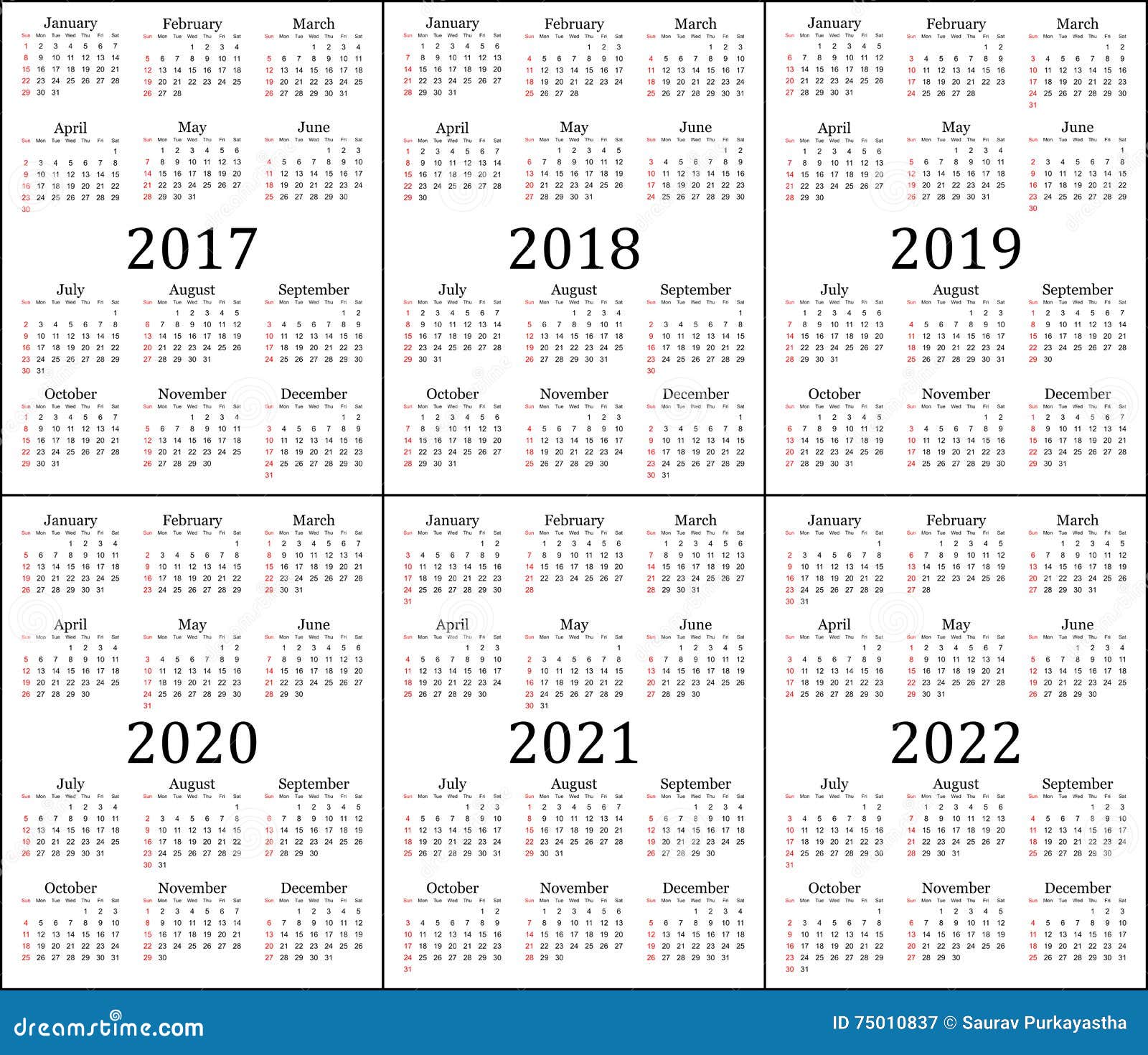 Six Year Calendar - 2017, 2018, 2019, 2020, 2021 And 2022 Vector Illustration ...1300 x 1211