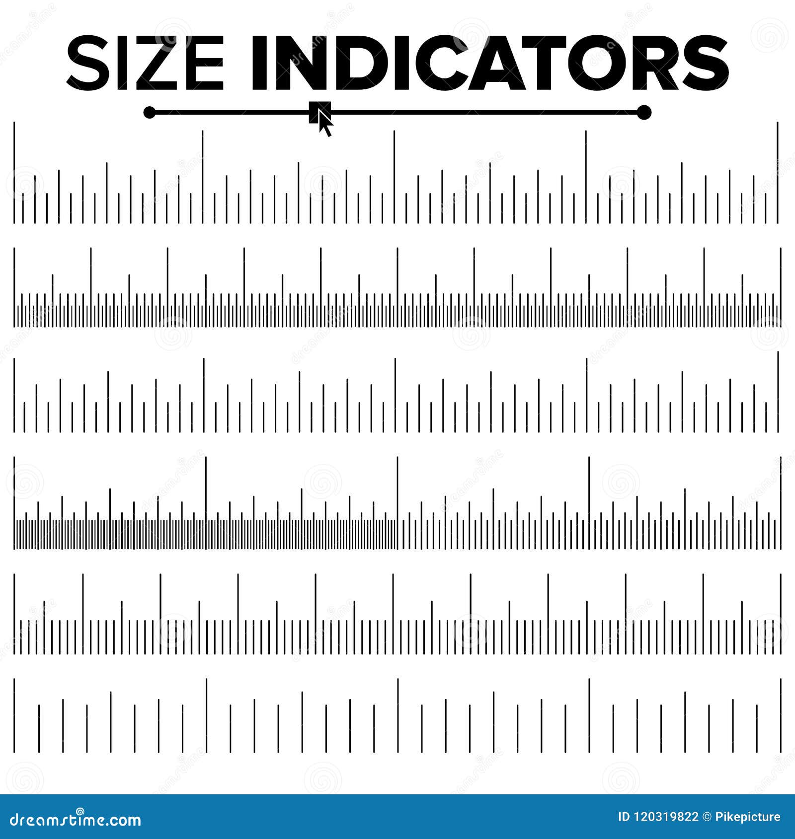 size indicator set . ruler scale distances. graduation. size indicator units. centimeter and inches. 