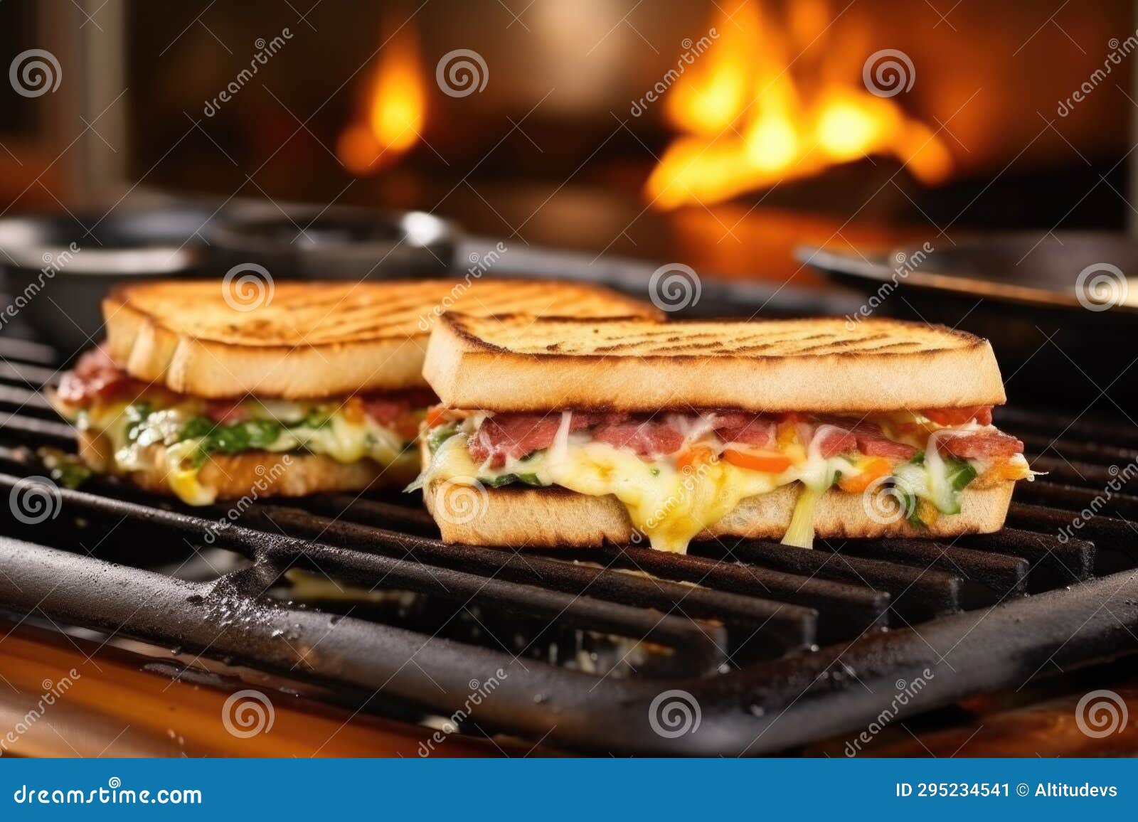 Sizzling Sandwich on Griddle, Squashed by Cast Iron Press Stock Image