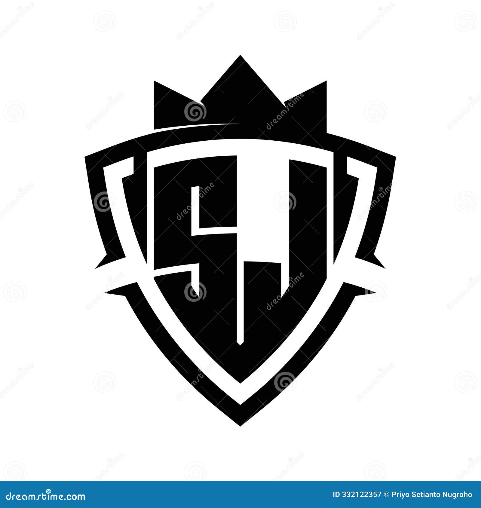 sj letter bold monogram triangle curve shield  with crown black and white background color 