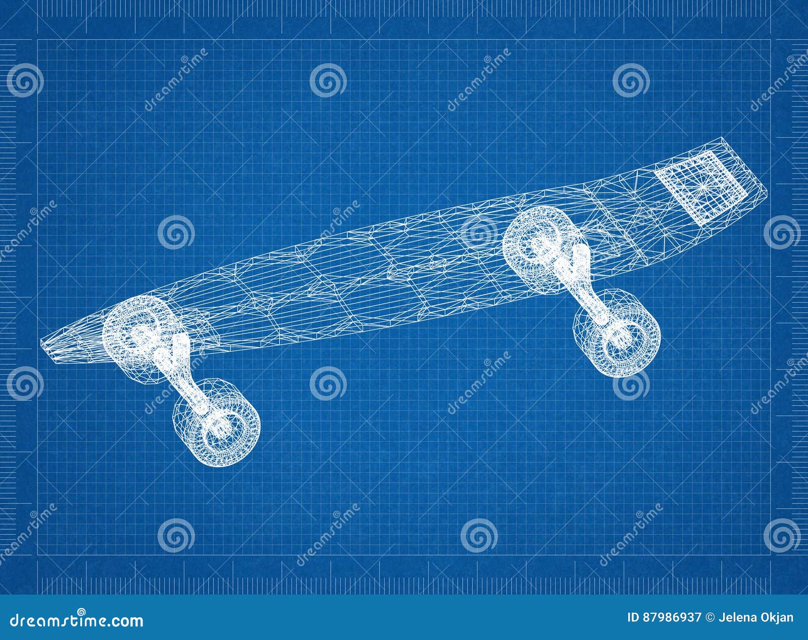 Skateboard Blueprint â€“ 3D Perspective Stock Illustration