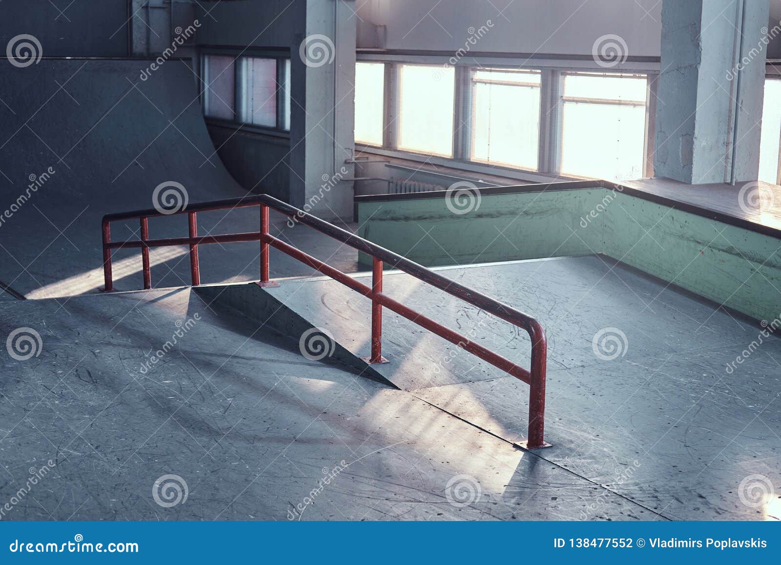 Skateboard Railing for Grinding at the Empty Indoors Skatepark Stock