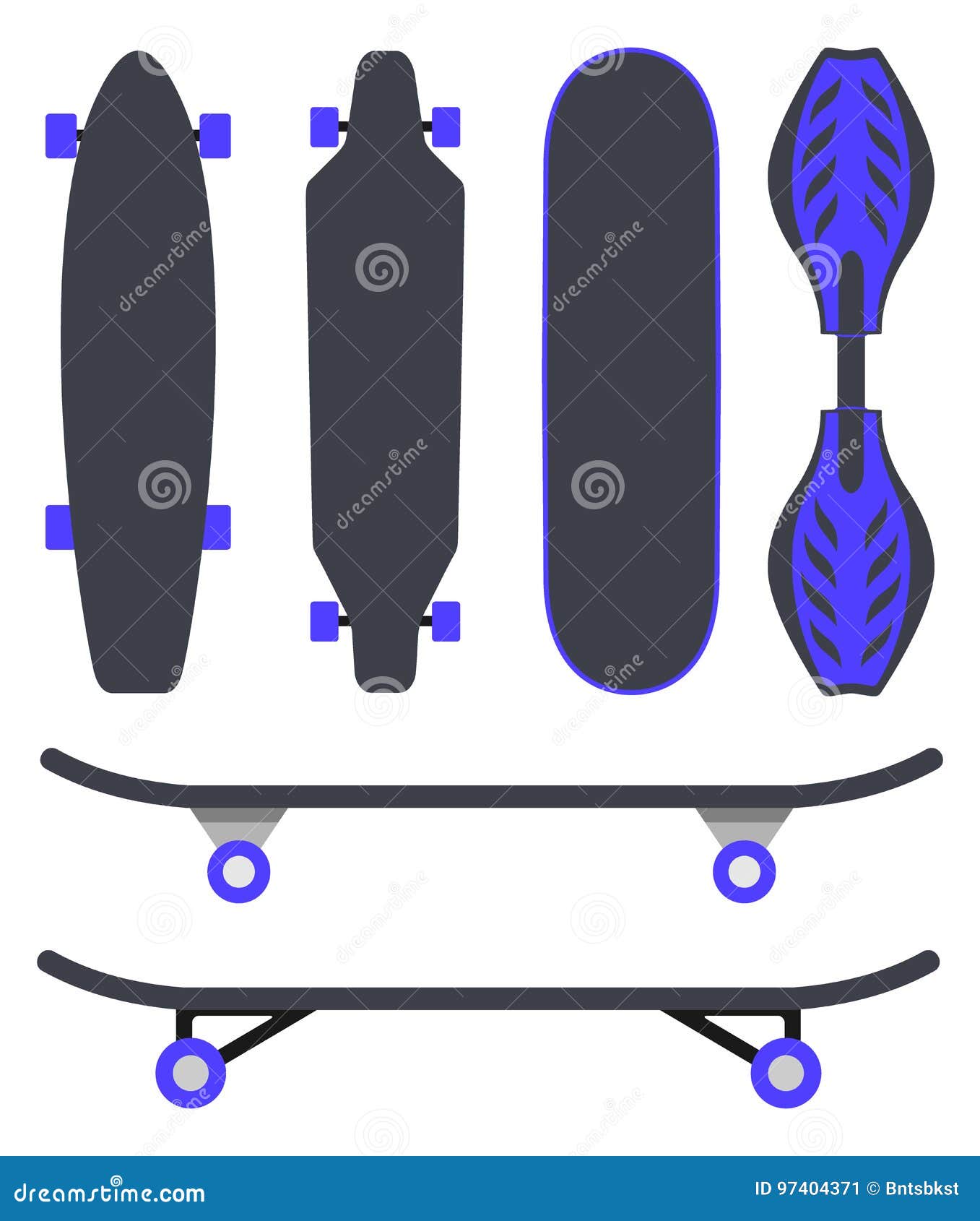 commentaar Vrijstelling tumor Skateboard Types, Set. Different Skateboards in the Same Colours.  Skateboards Top View and Side View Stock Illustration - Illustration of  shortboard, long: 97404371