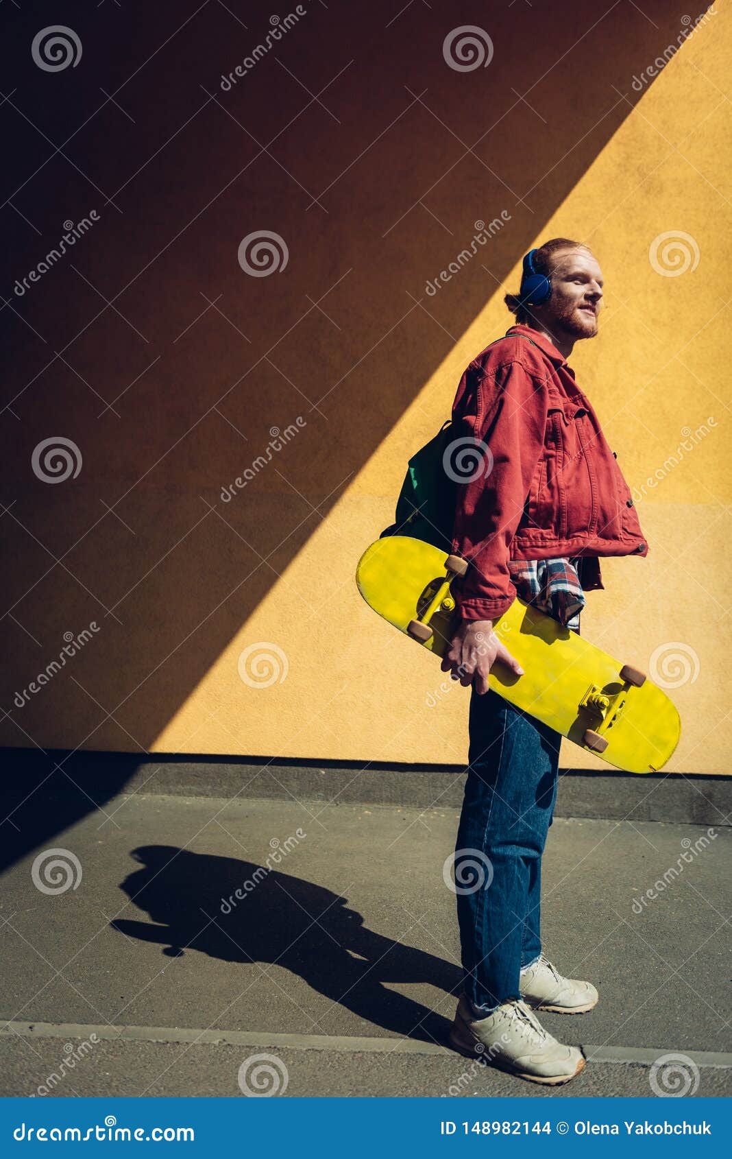 Skater Man Listen To Music Via Headphones Stock Photo - Image of sport ...
