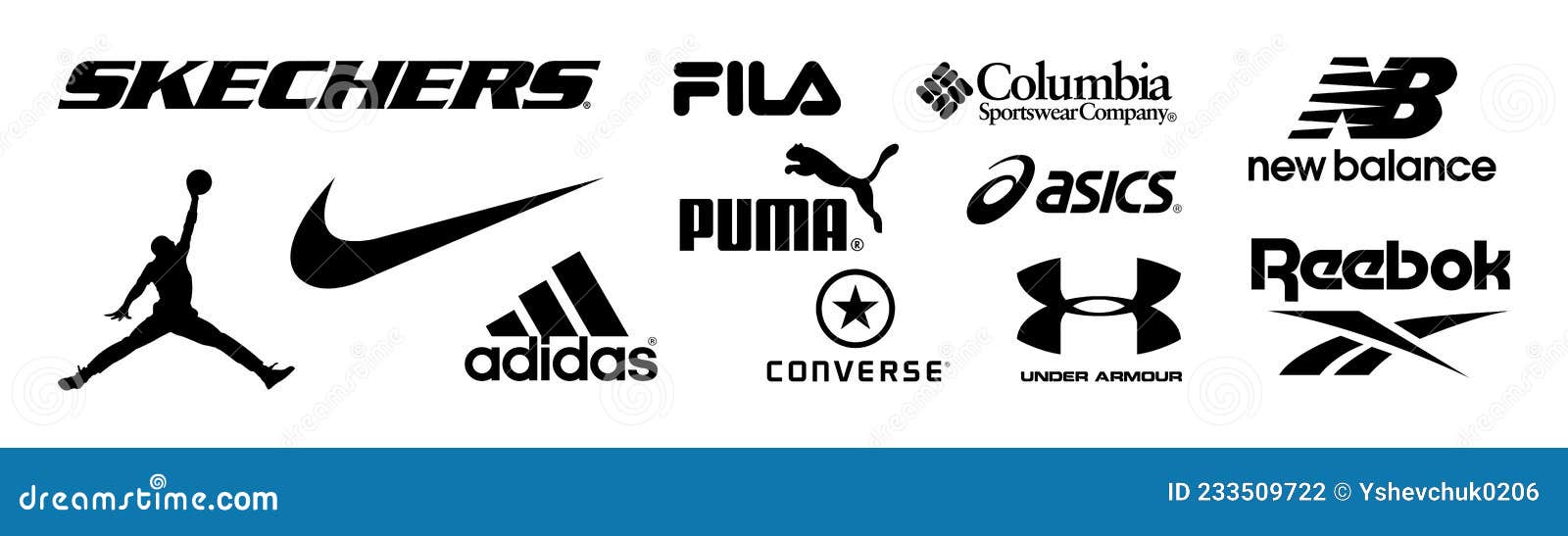 Skechers Adidas Nike Reebok Asics Jordan Bajo Armor Fila Columbia Conversa Nuevos Logos De Balance De Fotografía editorial - Ilustración de ropas, trotar: 233509722