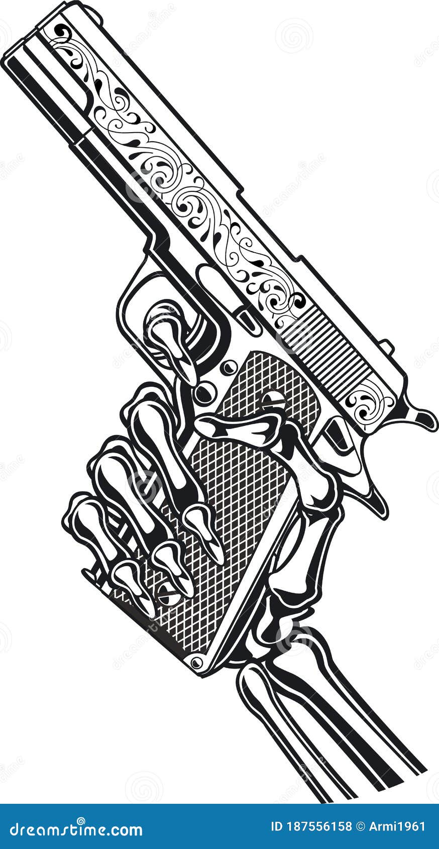Skeleton Hand Holding Gun Drawing