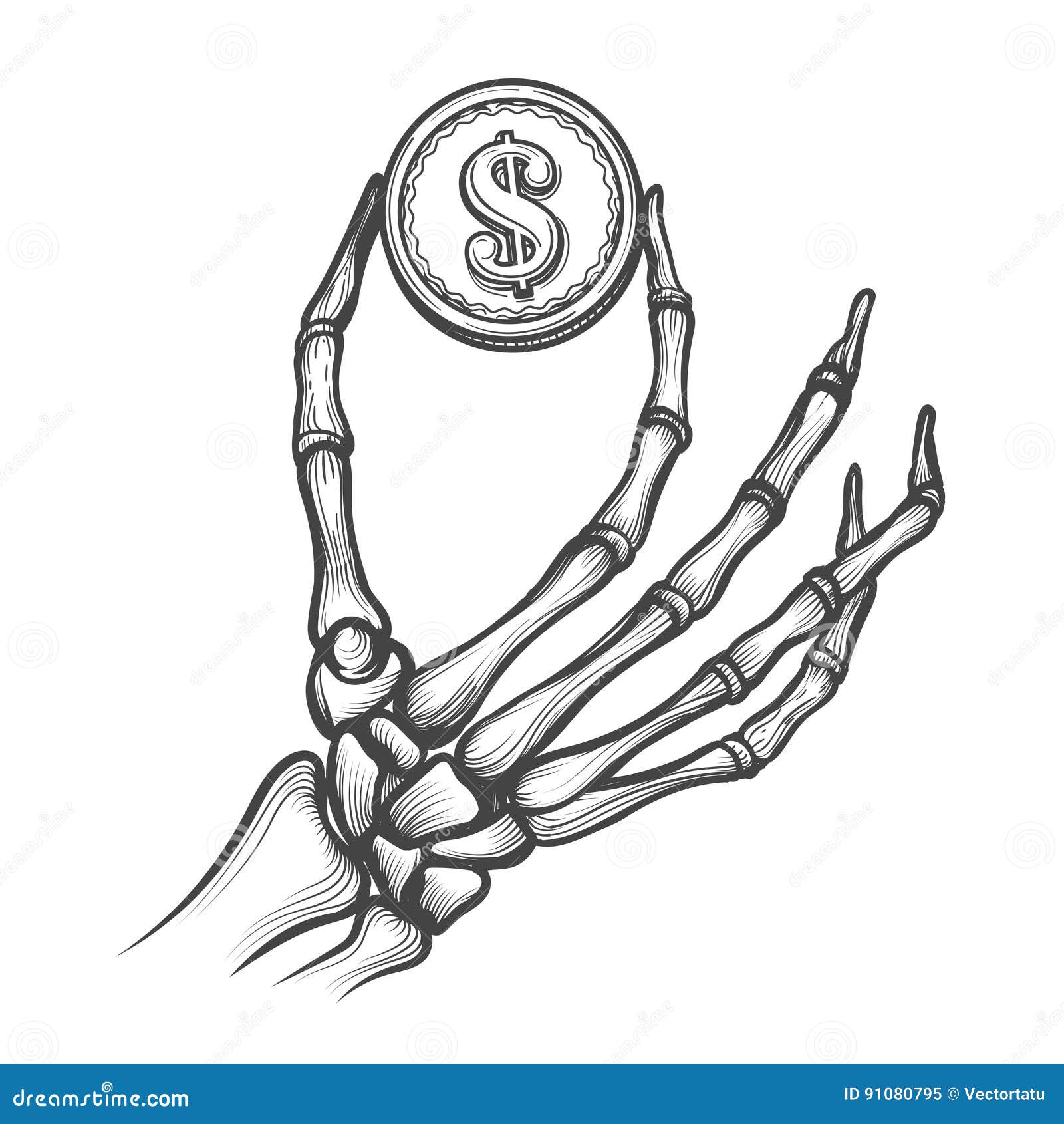 Skeleton Hands with Dollar Coin Stock Vector - Illustration of badge,  cartoon: 91080795
