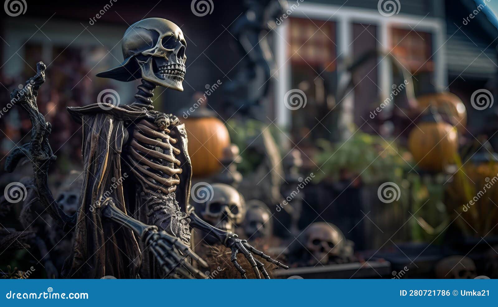 Skeleton and Pumpkins Halloween Decorations Stand Next To the ...