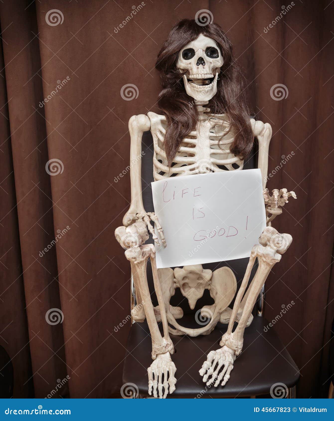 Skeleton In A Wig Sitting On The Chair And Holding Paper With
