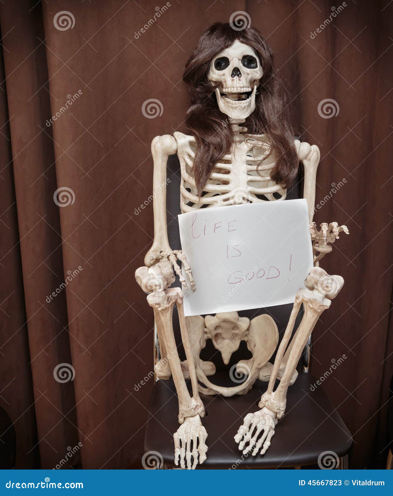 Skeleton In A Wig Sitting On The Chair And Holding Paper With Written