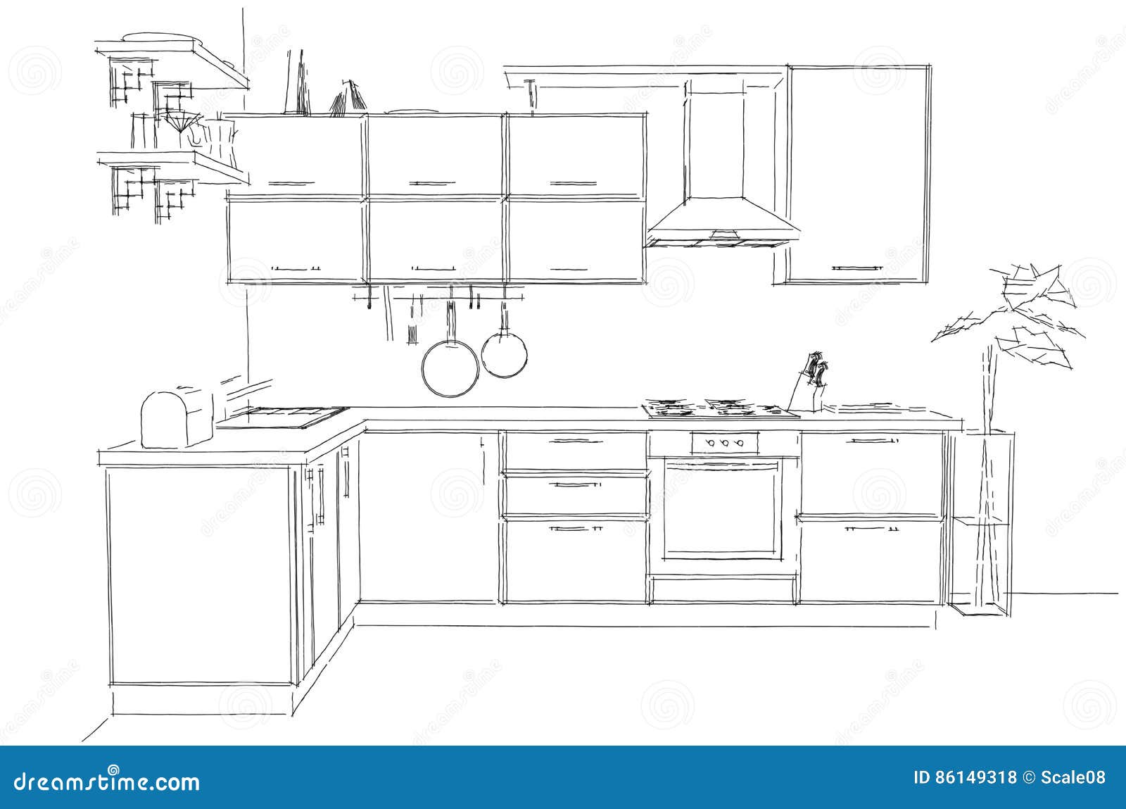 Sketch Abstract Contour Drawing of 3d Contemporary Corner Kitchen ...