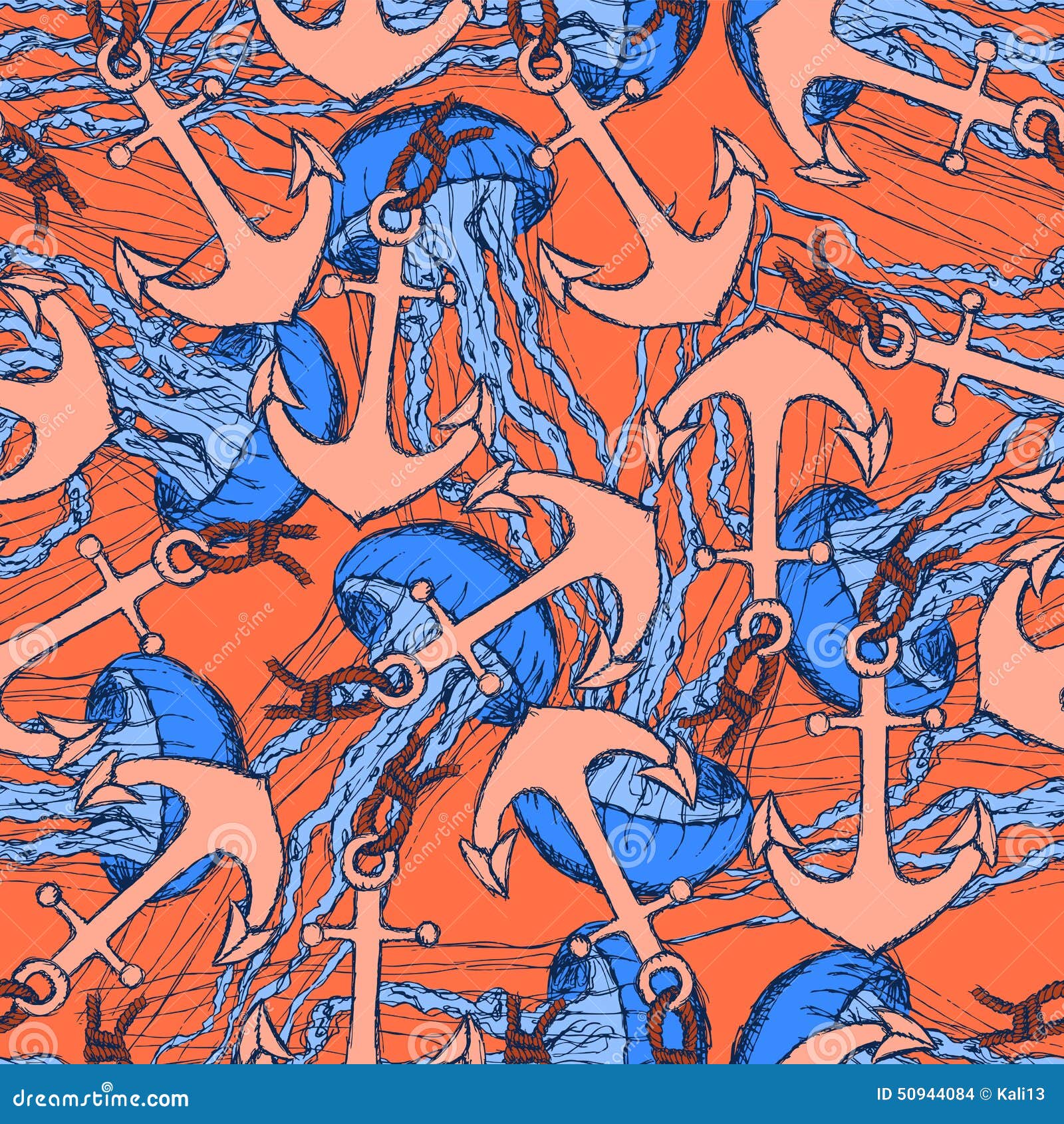 Sketch Anchor and Jellyfish in Vintage Style Stock Vector