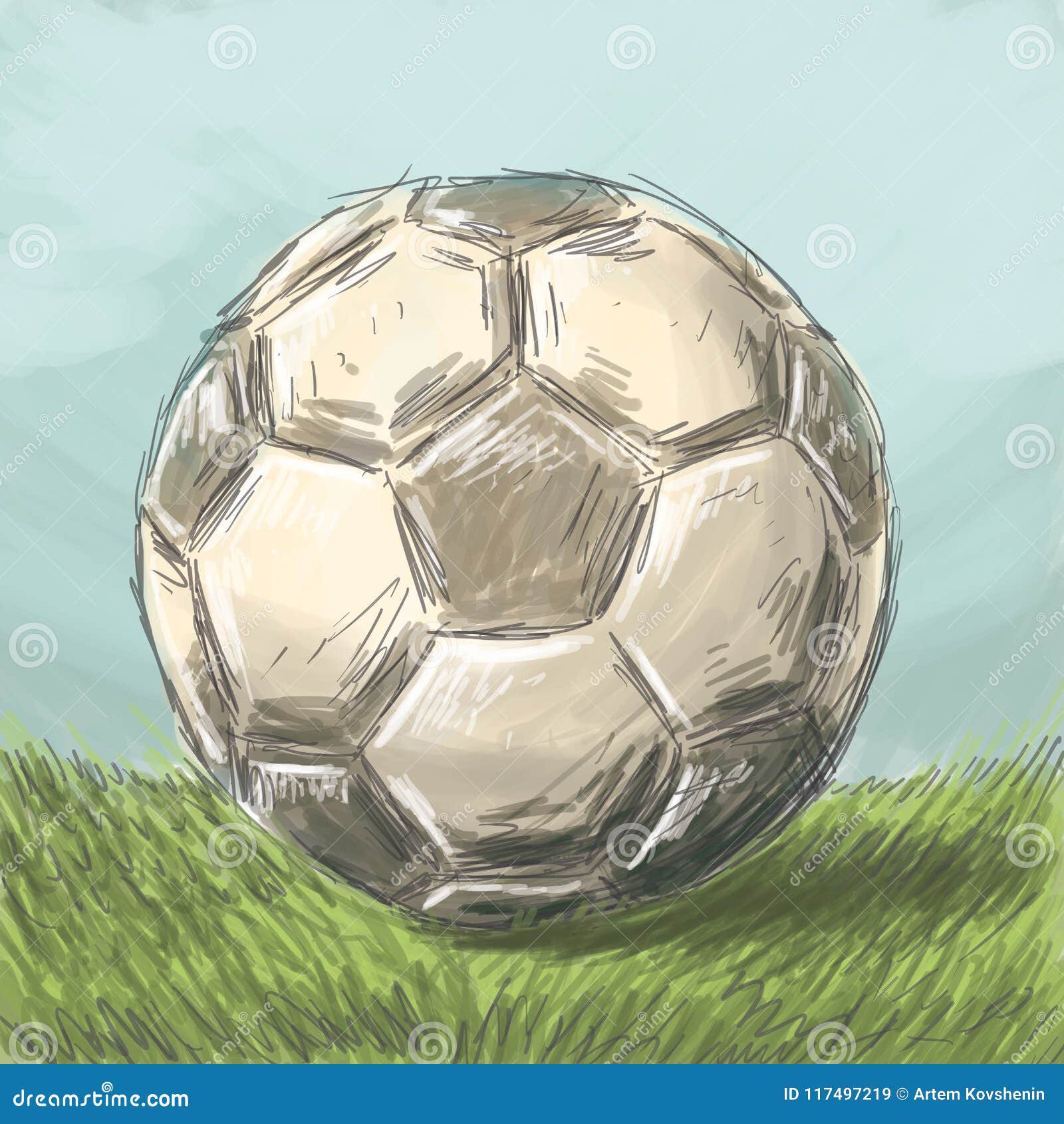 sketch ball football field under blue sky imitation drawing hand painted watercolor sketch ball 117497219