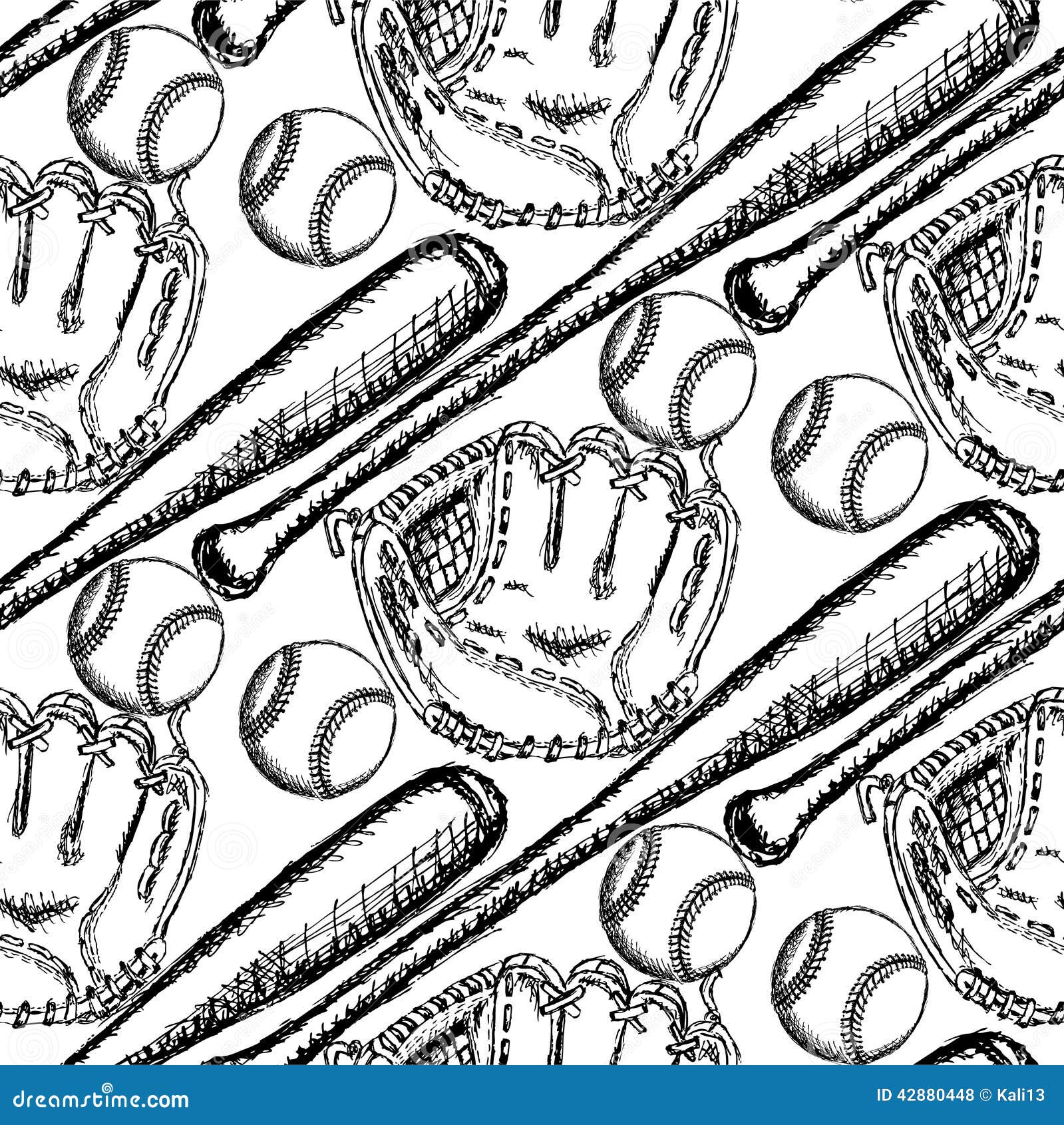 Sketch Baseball Ball, Bat and Glove, Seamless Pattern Stock Vector