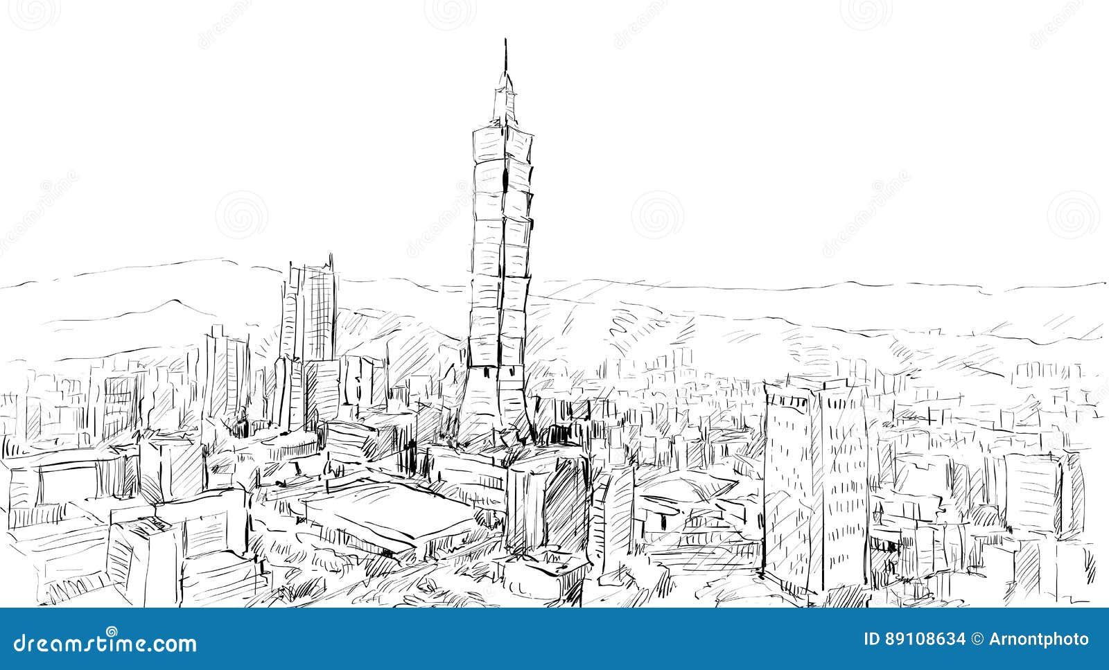 sketch of cityscape show townscape in taiwan, taipei building
