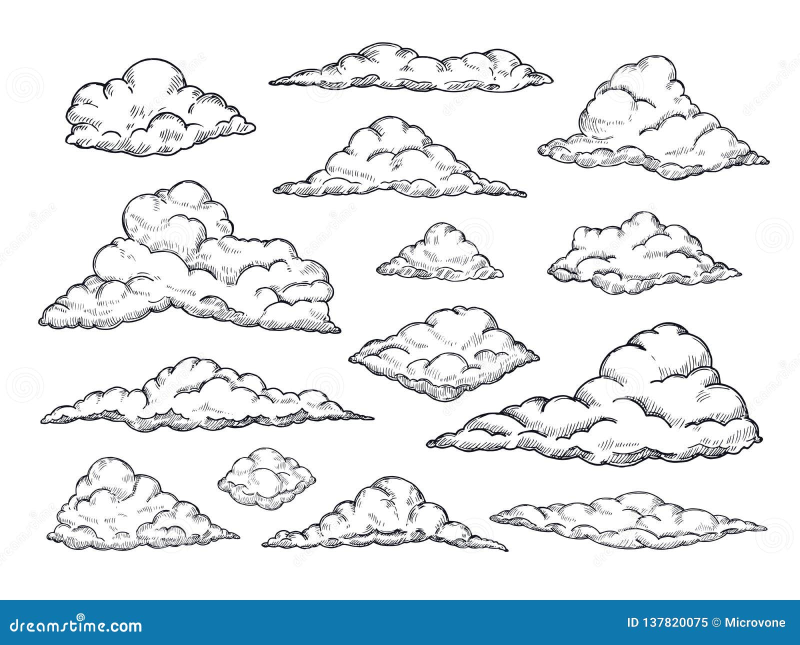 sketch clouds. hand drawn sky cloudscape. outline sketching cloud vintage  collection